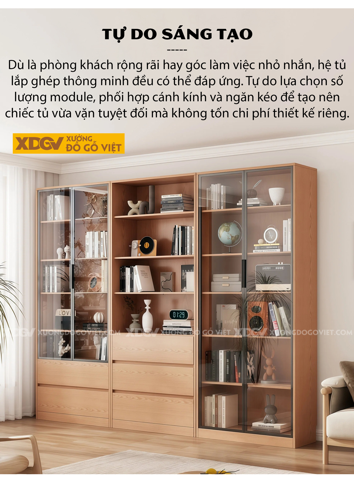 Mẫu Tủ Sách Venner Sồi Thiết Kế Chân Kịch Sàn Kèm Cánh Kính