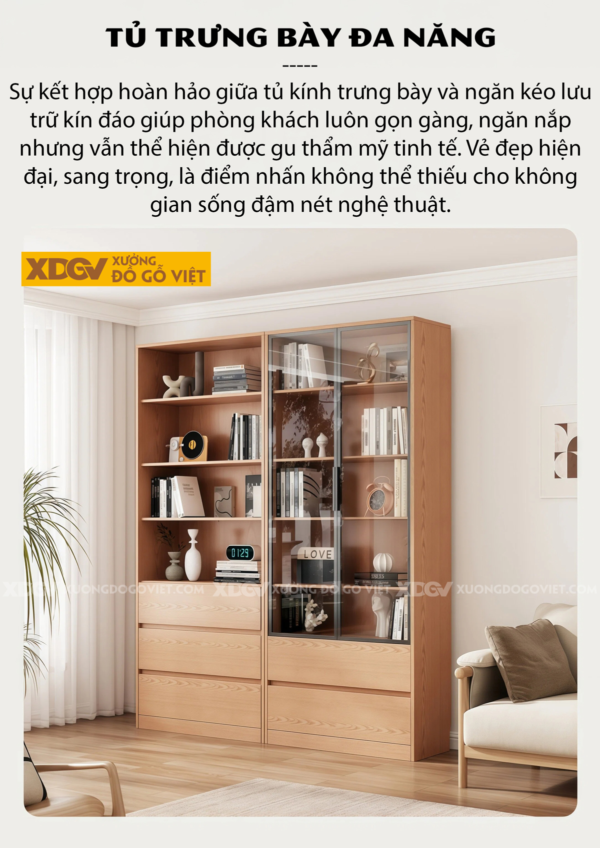 Mẫu Tủ Sách Venner Sồi Thiết Kế Chân Kịch Sàn Kèm Cánh Kính