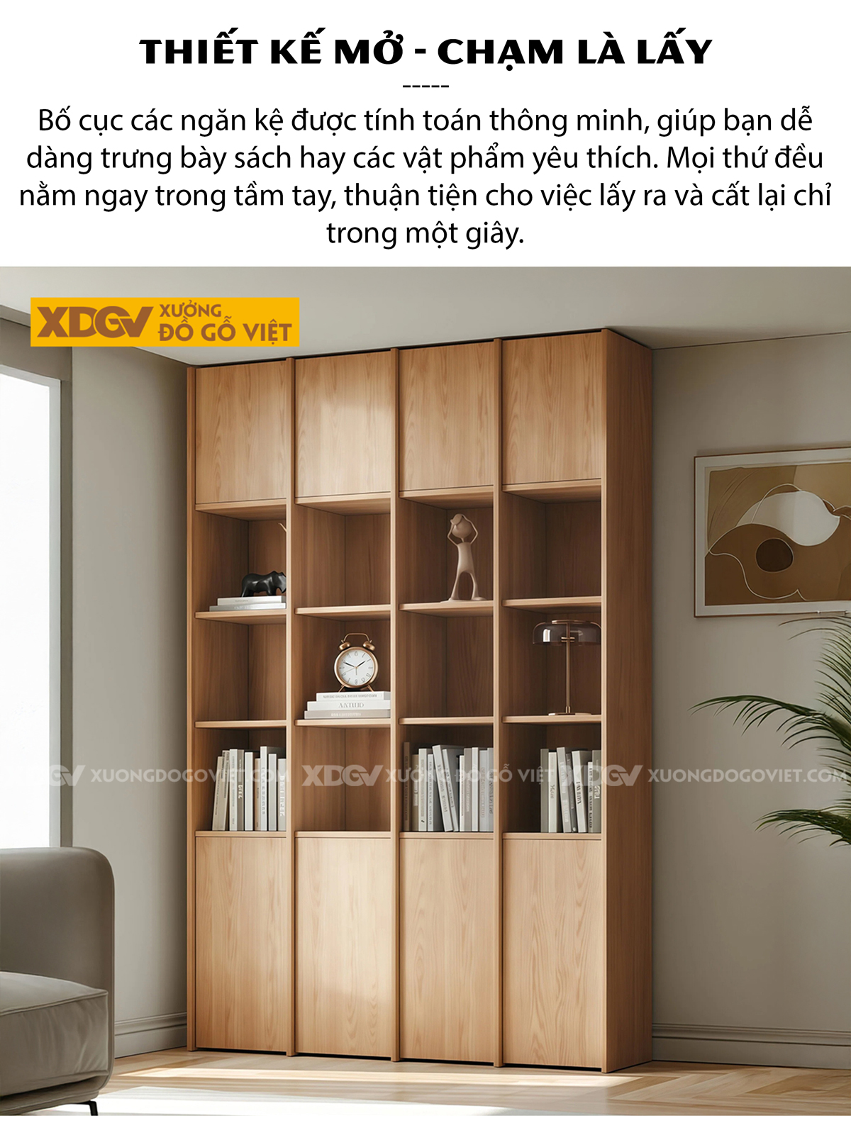 Mẫu Tủ Sách Venner Sồi Thiết Kế Chân Kịch Sàn Kèm Cánh Kính