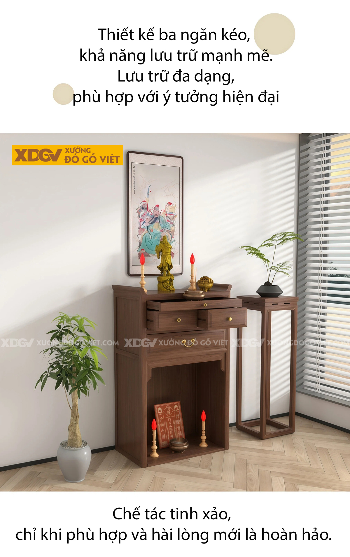 Mẫu Tủ Thờ 2 Tầng Gỗ Óc Chó Thiết Kế Chân Cuộn Kèm Cánh Nan