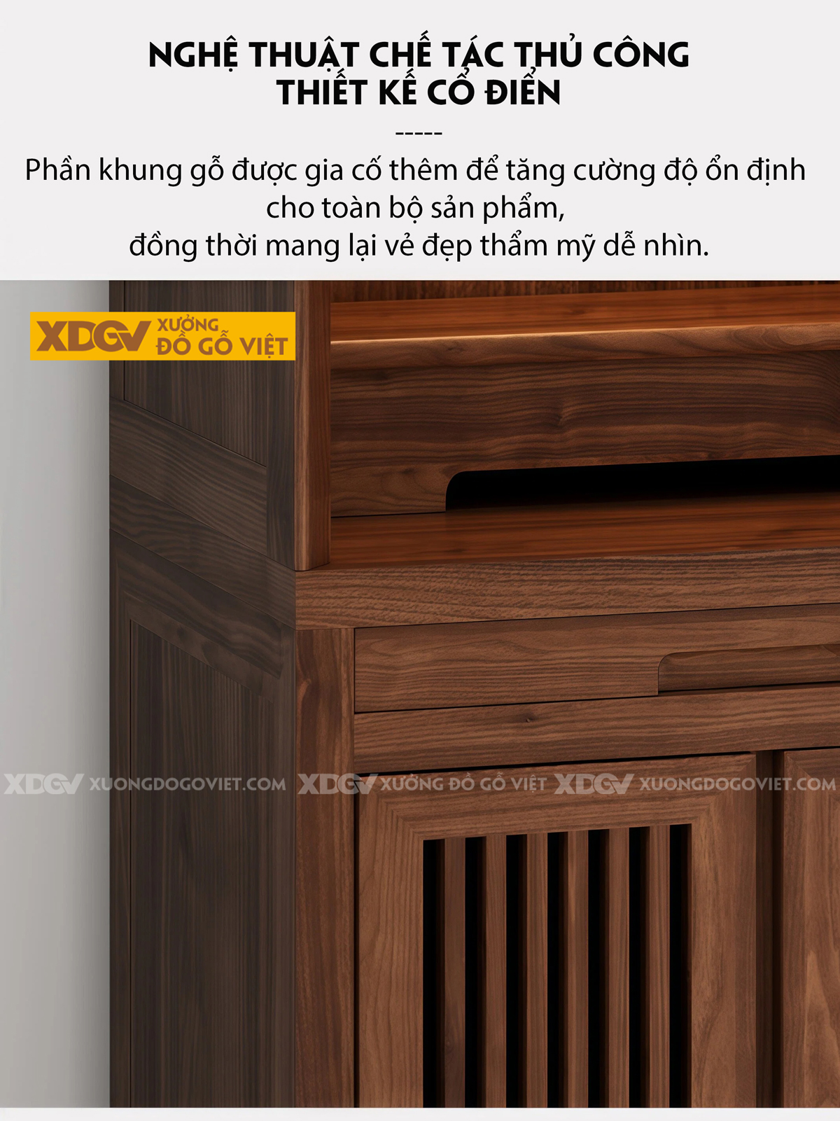 Mẫu Tủ Thờ Dáng Cao Gỗ Óc Chó Kèm Dãy Ngăn Kéo Dọc Trung Tâm