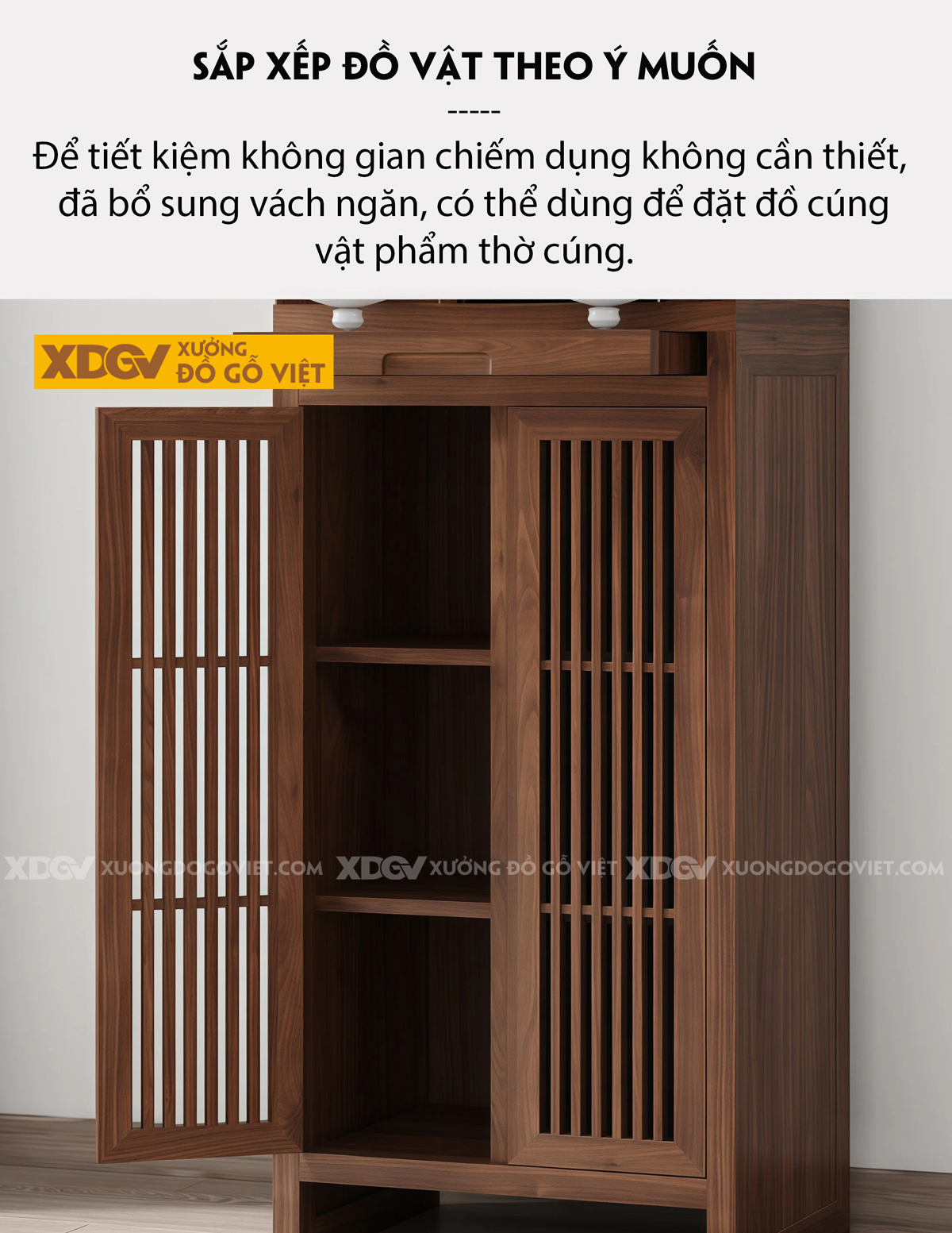 Mẫu Tủ Thờ Dáng Cao Gỗ Óc Chó Kèm Dãy Ngăn Kéo Dọc Trung Tâm