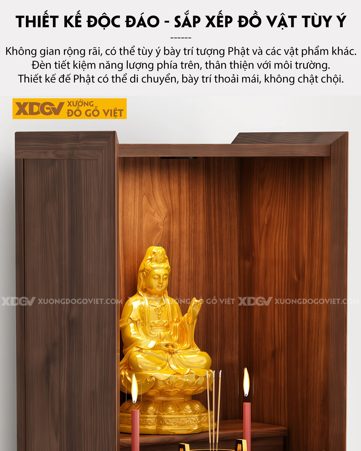 Mẫu Tủ Thờ Dáng Cao Gỗ Óc Chó Kèm Dãy Ngăn Kéo Dọc Trung Tâm