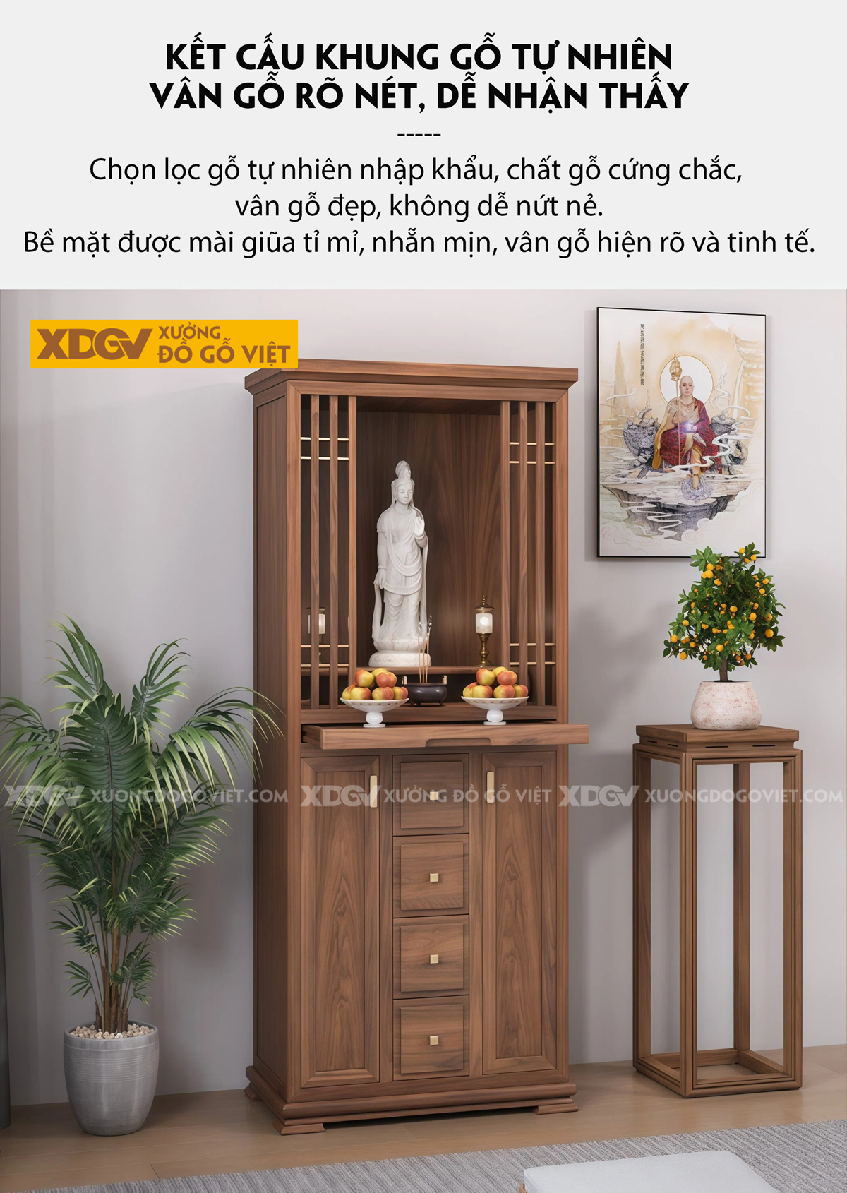 Mẫu Tủ Thờ Dáng Cao Gỗ Óc Chó Kèm Dãy Ngăn Kéo Dọc Trung Tâm