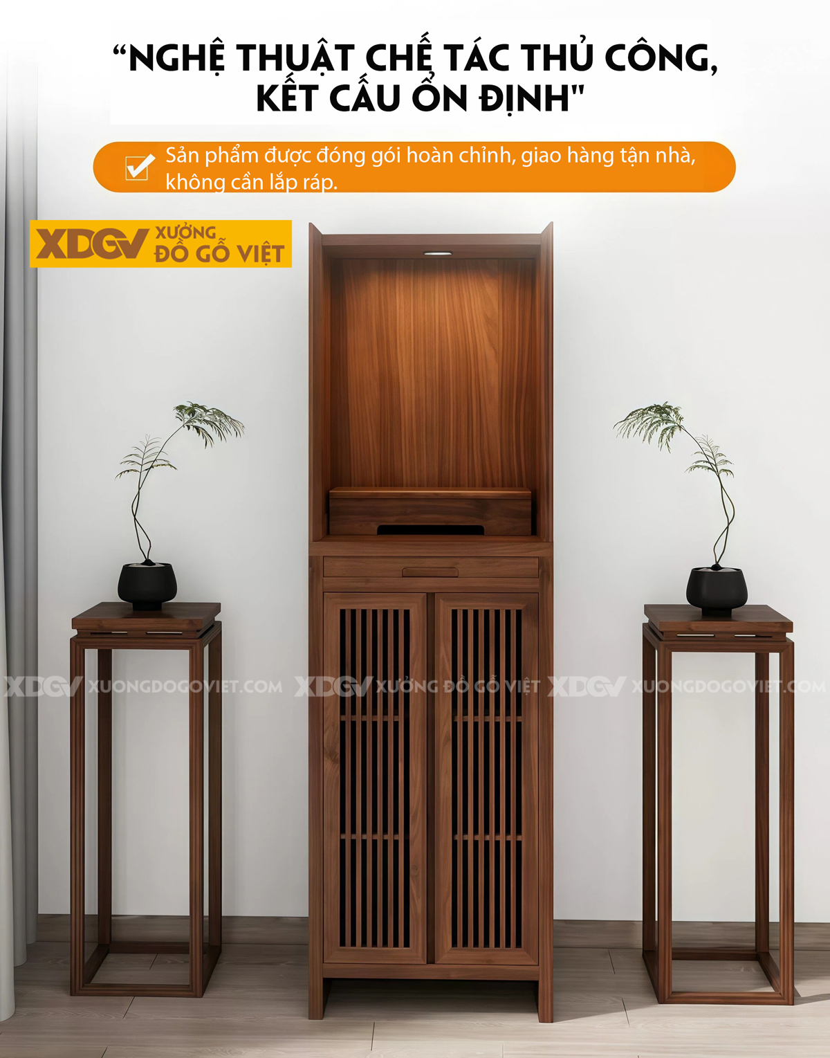 Mẫu Tủ Thờ Dáng Cao Gỗ Óc Chó Kèm Dãy Ngăn Kéo Dọc Trung Tâm