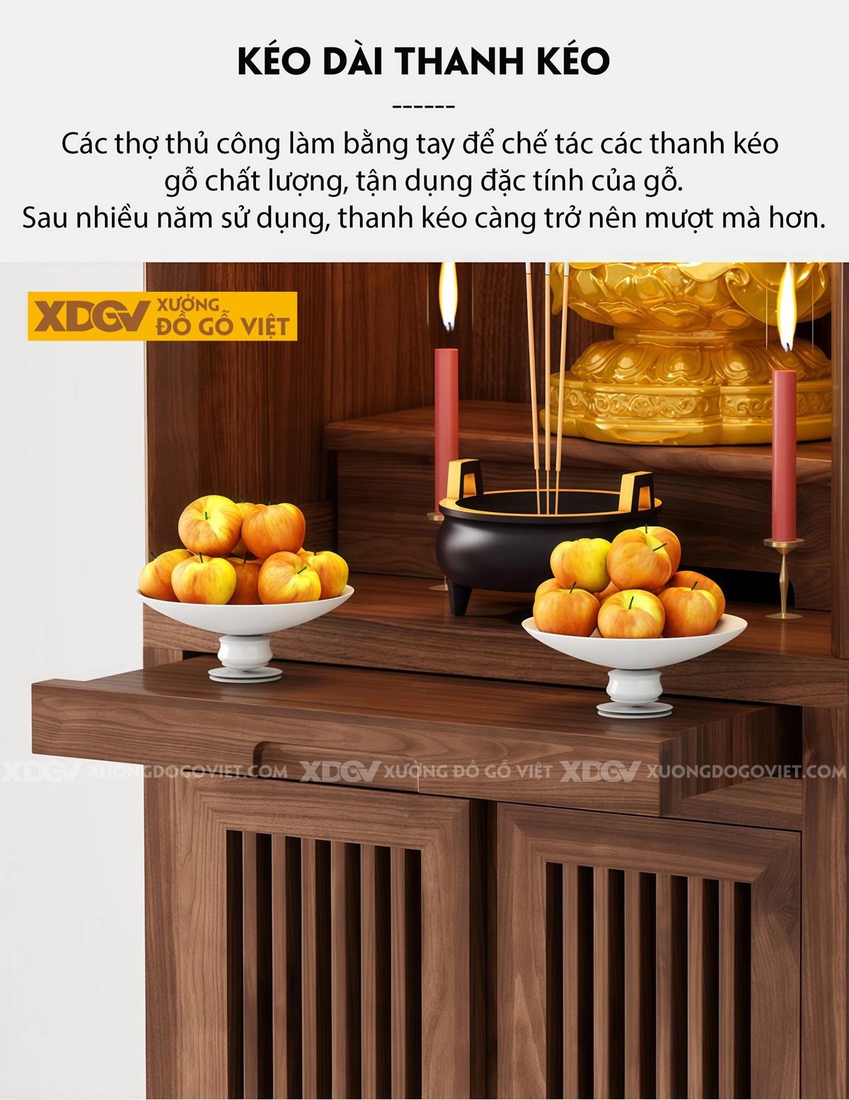 Mẫu Tủ Thờ Dáng Cao Gỗ Óc Chó Kèm Dãy Ngăn Kéo Dọc Trung Tâm