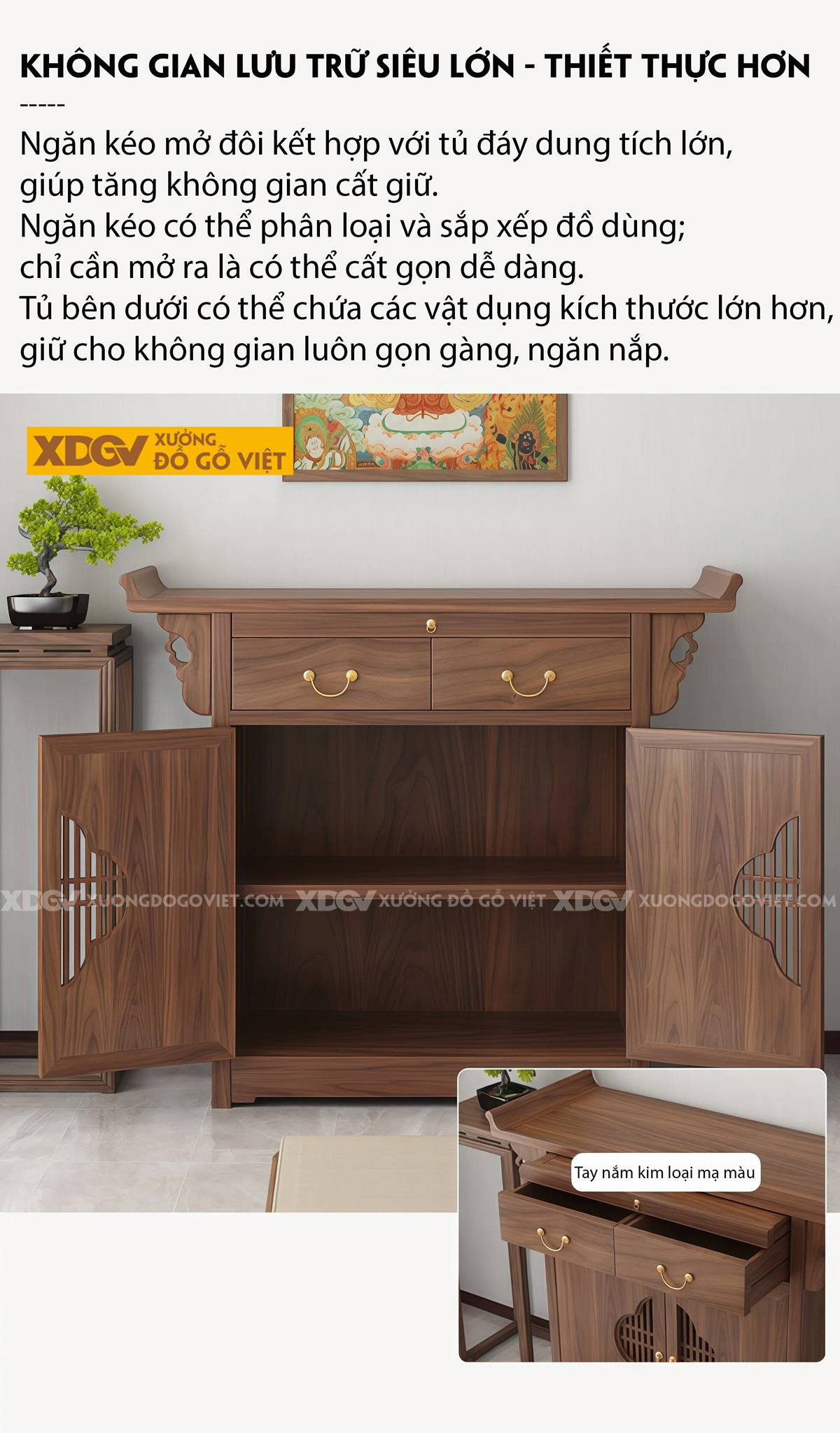Mẫu Tủ Thờ Gia Tiên Gỗ Óc Chó Kèm Ngăn Kéo Và Tai Cong 2 Bên