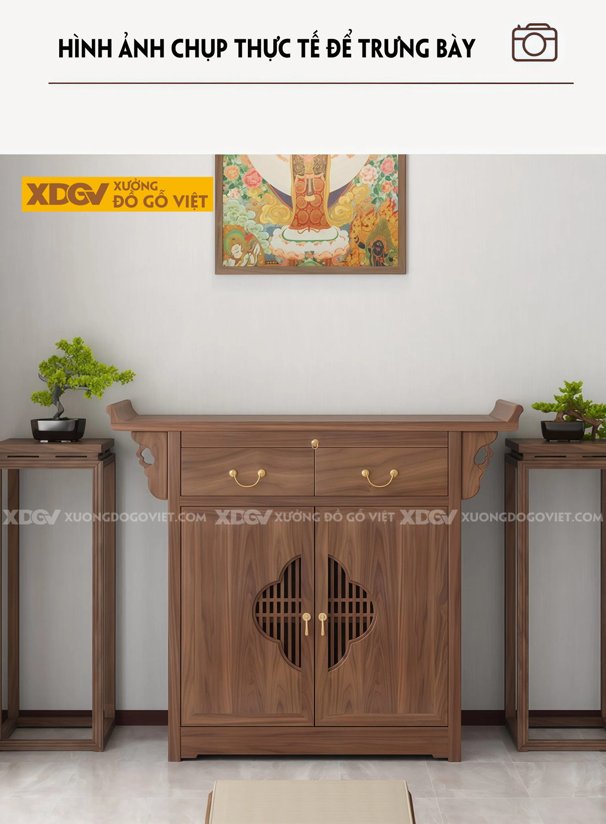 Mẫu Tủ Thờ Gia Tiên Gỗ Óc Chó Kèm Ngăn Kéo Và Tai Cong 2 Bên