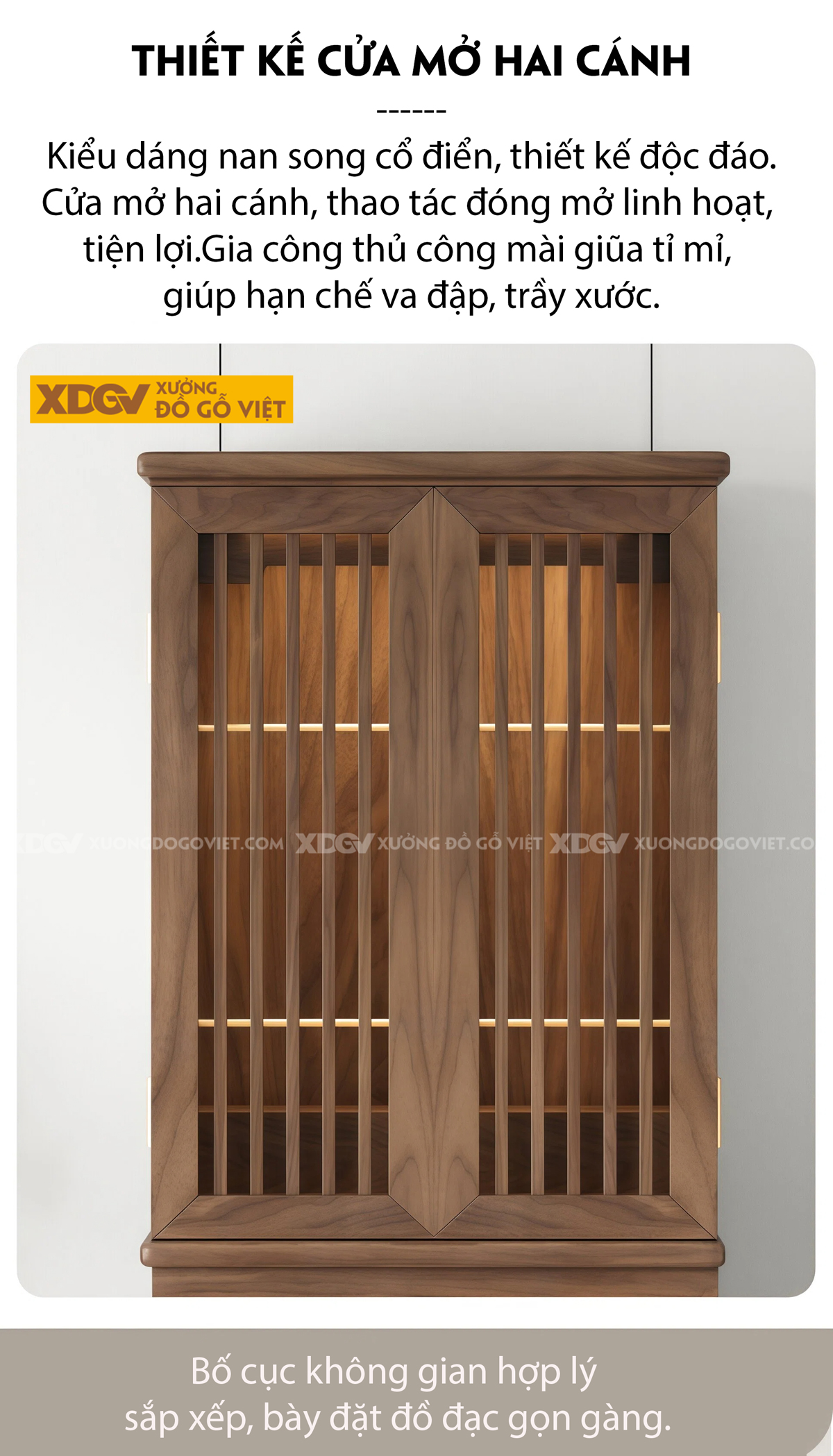 Mẫu Tủ Thờ Gỗ Óc Chó Chân Bệt 2 Cánh Phối Nan Thoáng Khí