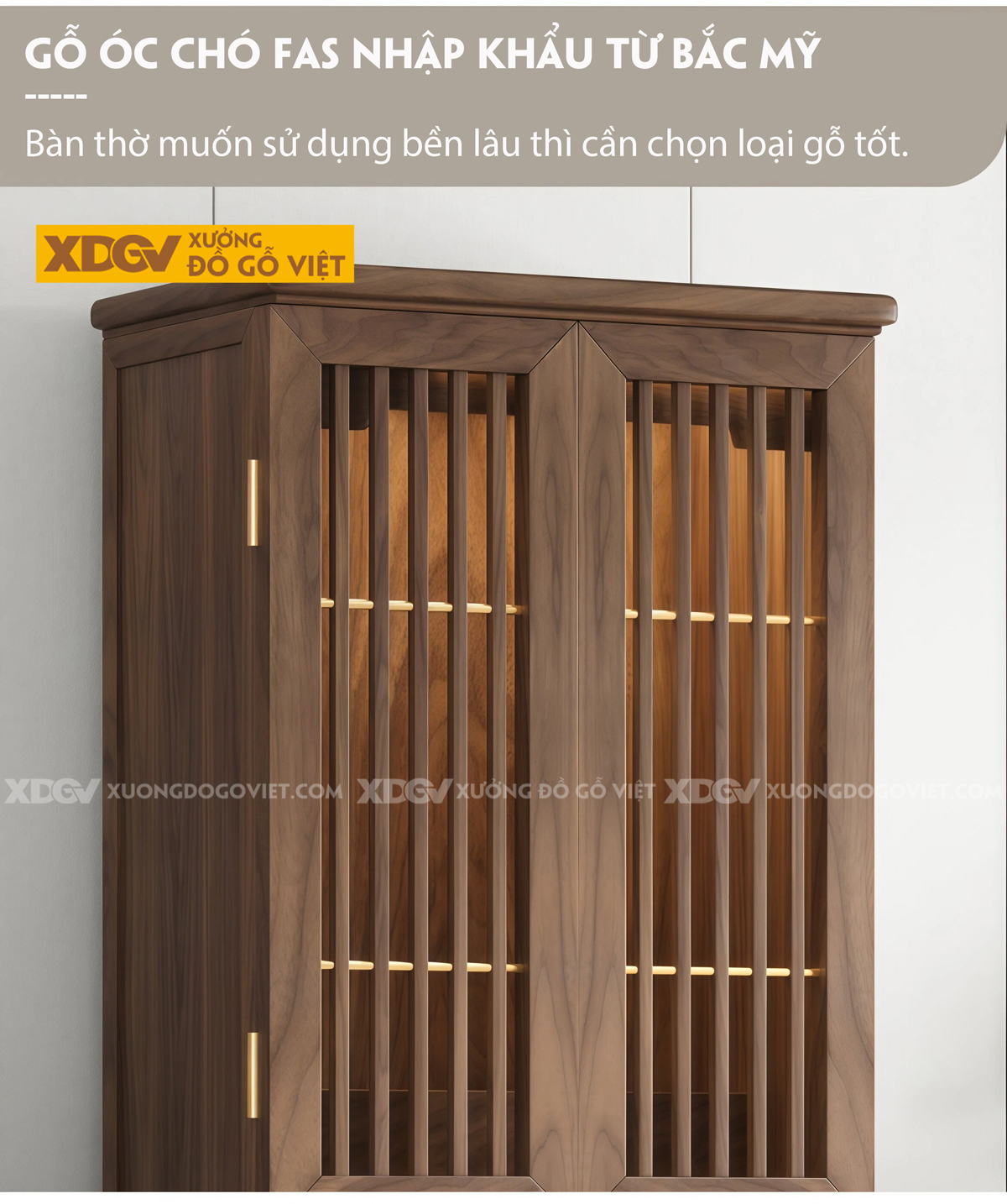 Mẫu Tủ Thờ Gỗ Óc Chó Chân Bệt 2 Cánh Phối Nan Thoáng Khí
