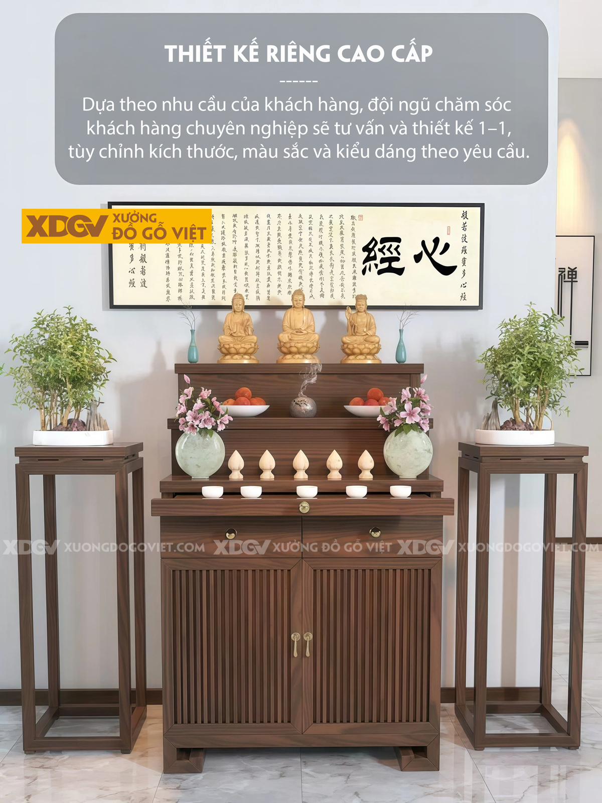 Mẫu Tủ Thờ Gỗ Óc Chó Kèm Ngăn Kéo Và Tai Cong Chạm Nhẹ 2 Bên