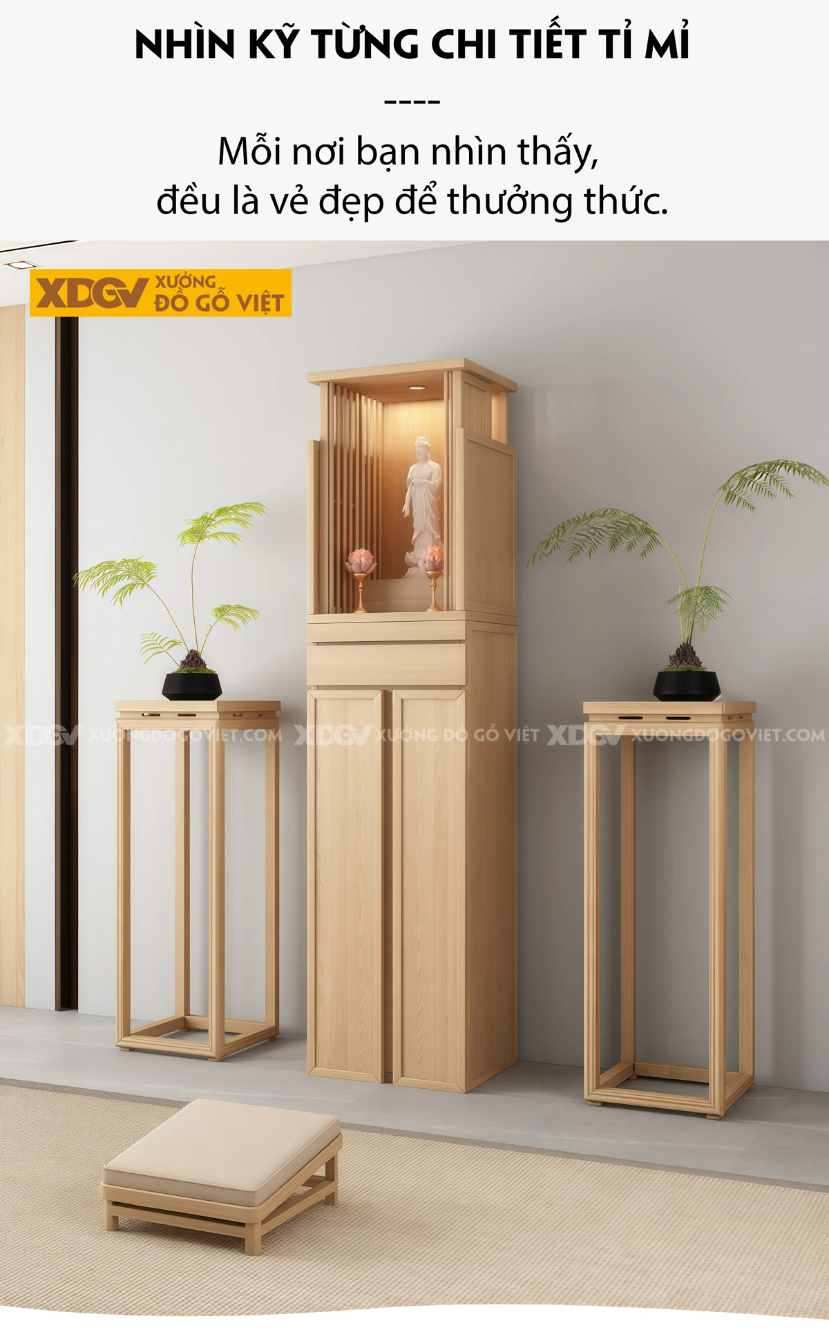 Mẫu Tủ Thờ Gỗ Sồi Cánh Nan Chân Cuộn Phối Mâm Kéo Di Động