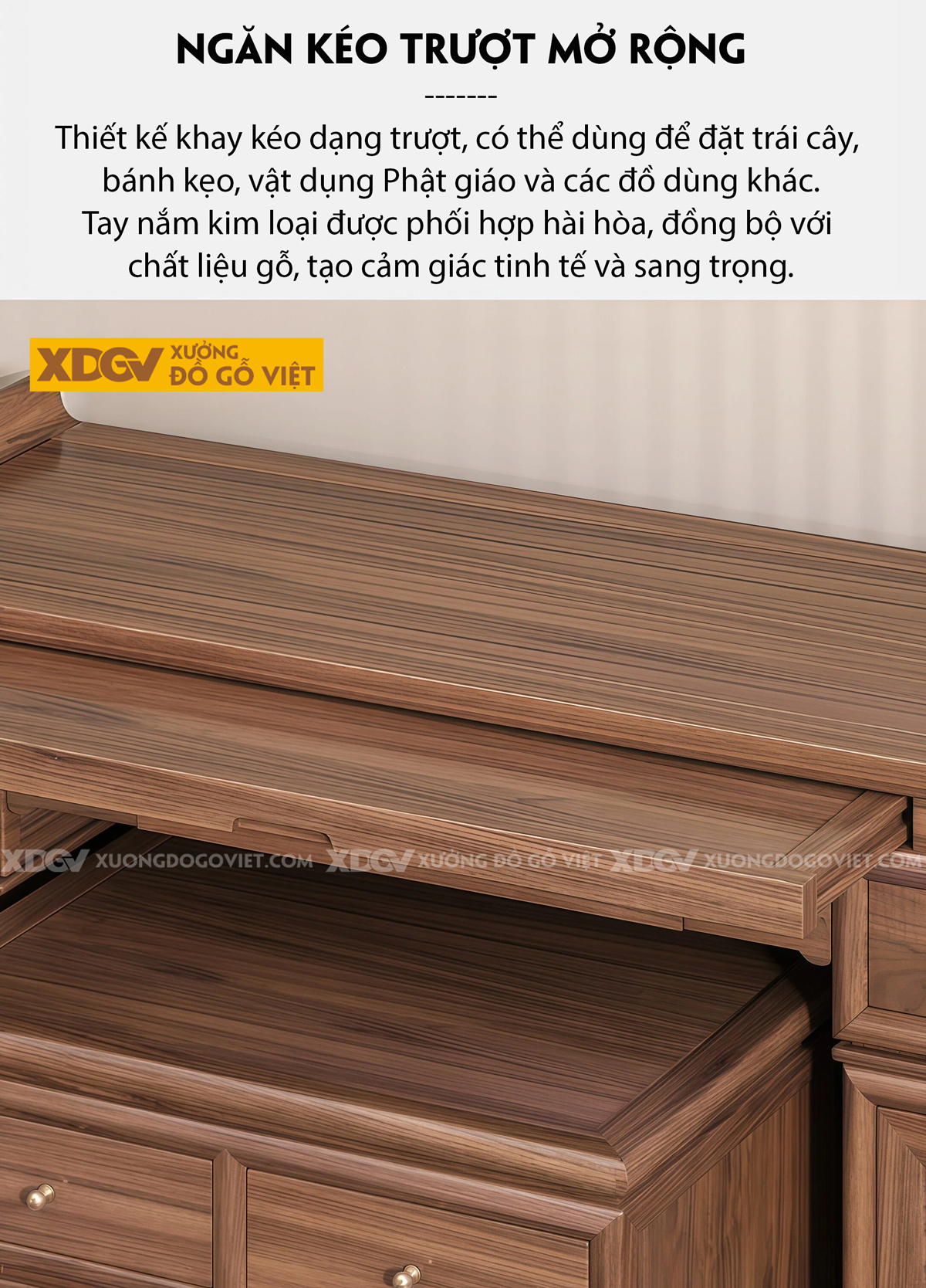 Mẫu Tủ Thờ Phật Gỗ Óc Chó Chân Bệt Kèm 2 Cánh Nan Thoáng Khí