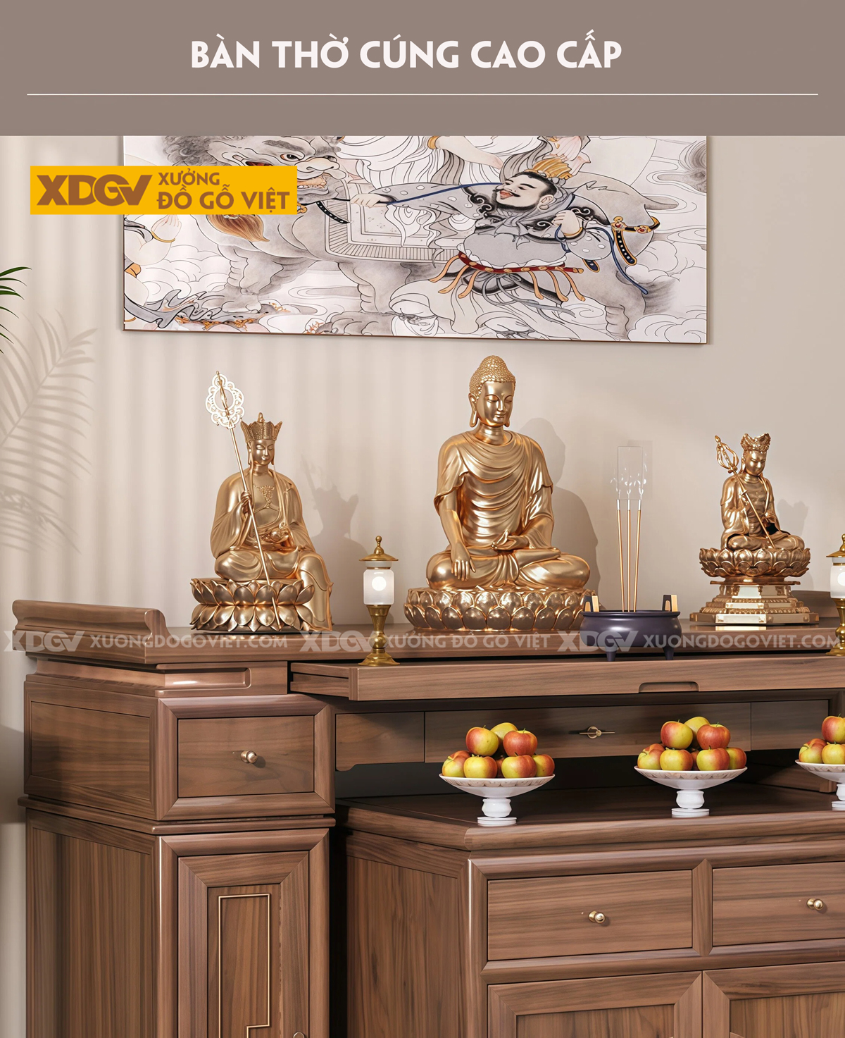 Mẫu Tủ Thờ Phật Gỗ Óc Chó Chân Bệt Kèm 2 Cánh Nan Thoáng Khí