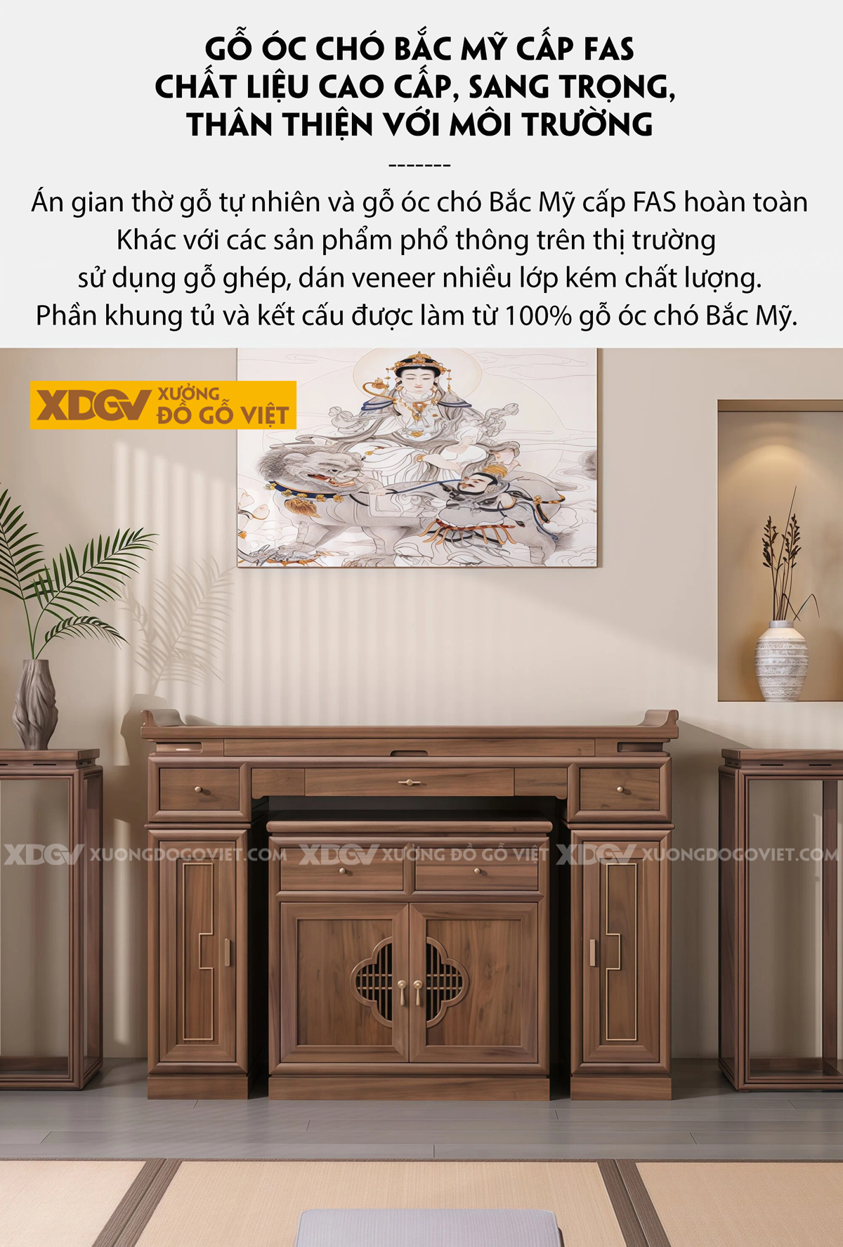 Mẫu Tủ Thờ Phật Gỗ Óc Chó Chân Bệt Kèm 2 Cánh Nan Thoáng Khí