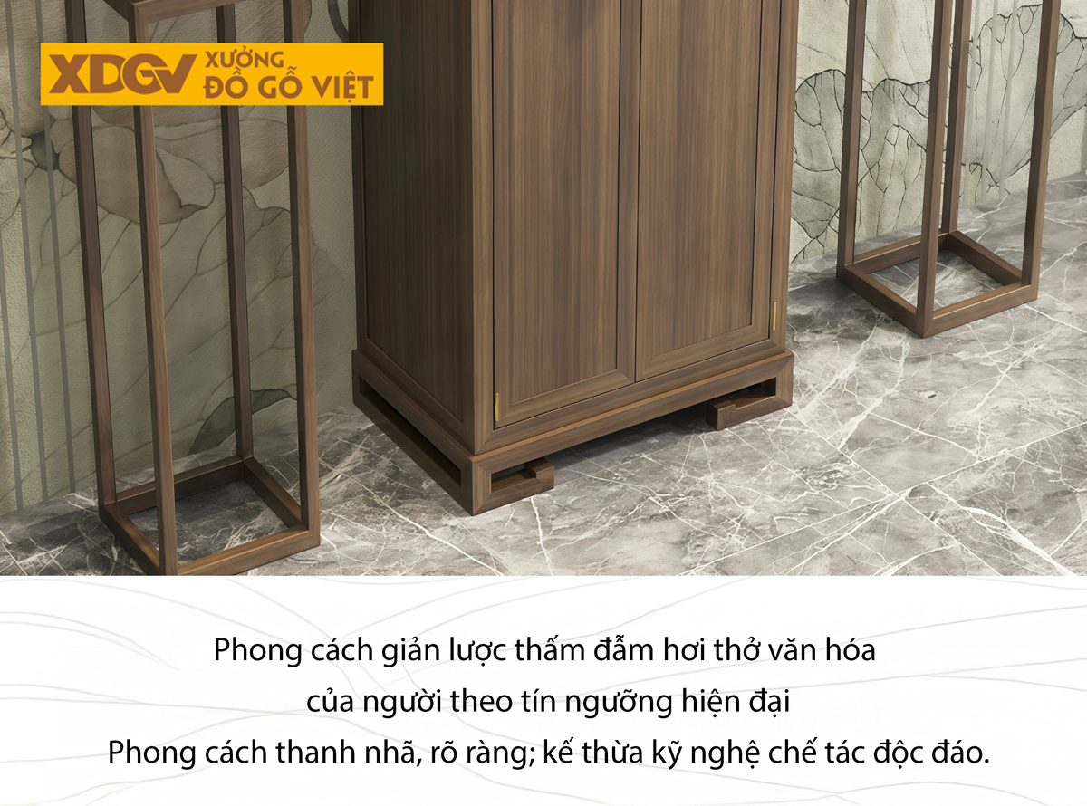 Mẫu Tủ Thờ Tôn Nghiêm Gỗ Óc Chó Chân Cuộn Thiết Kế 2 Tầng