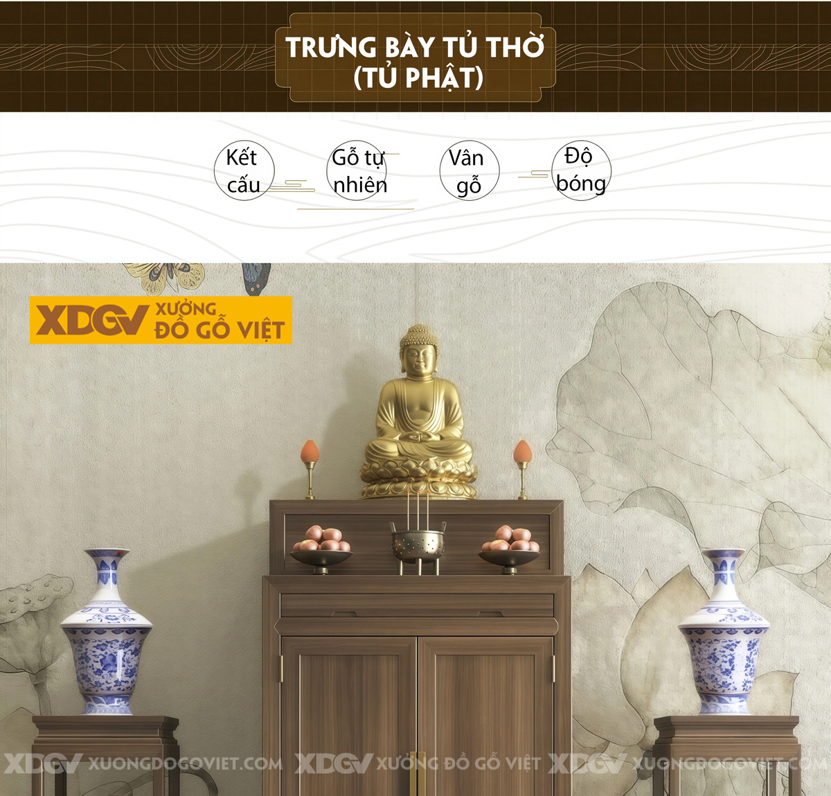 Mẫu Tủ Thờ Tôn Nghiêm Gỗ Óc Chó Chân Cuộn Thiết Kế 2 Tầng