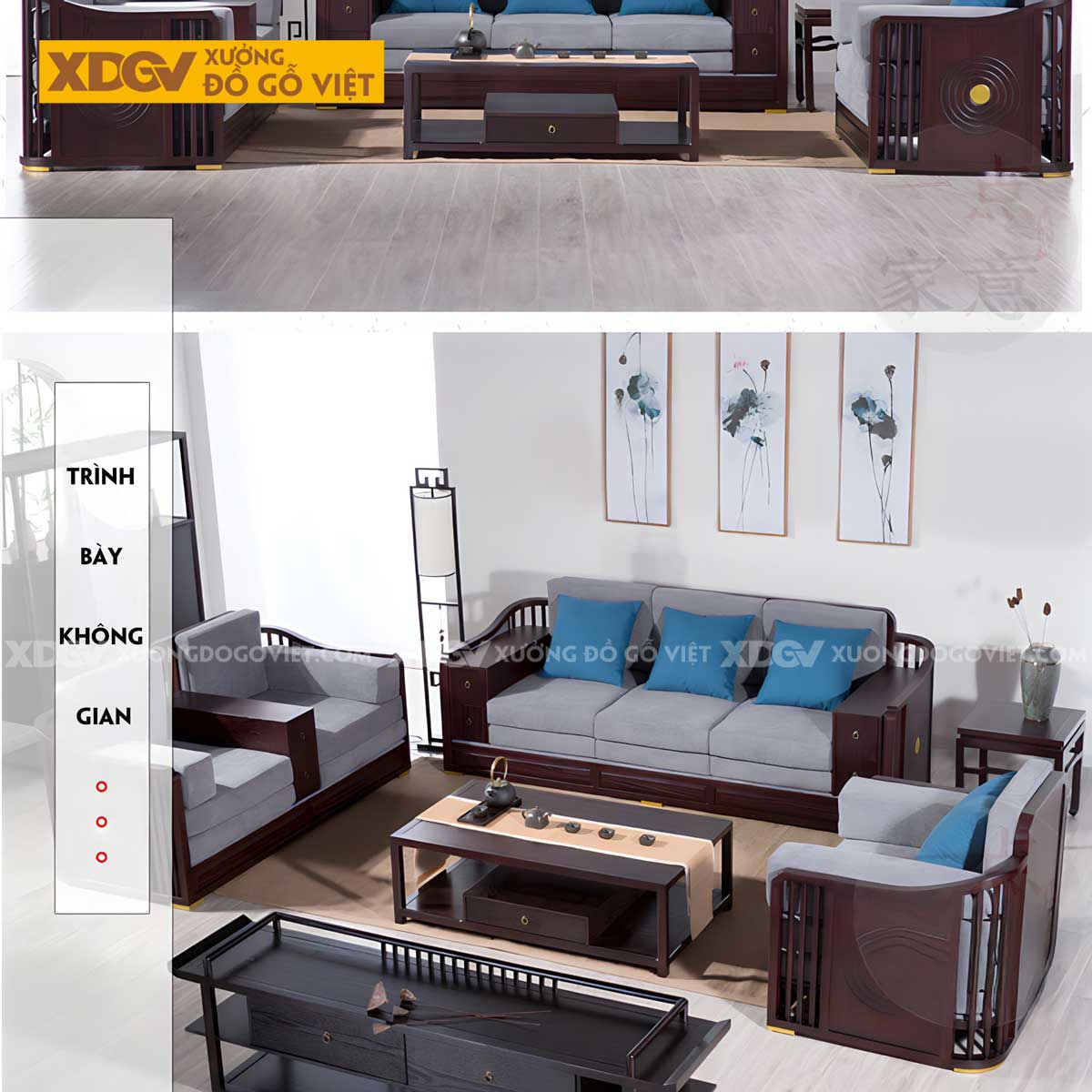Sofa 2 Văng Gỗ Sồi Tân Cổ Điển Lưng Tựa Thanh Nan Uốn Cong