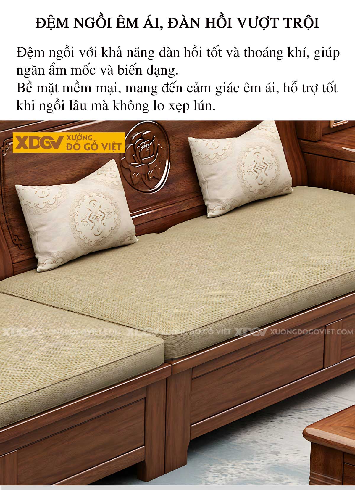 Sofa Gỗ Gõ Đỏ Tự Nhiên Dạng Hộp Chạm Khắc Họa Tiết Bông Hoa