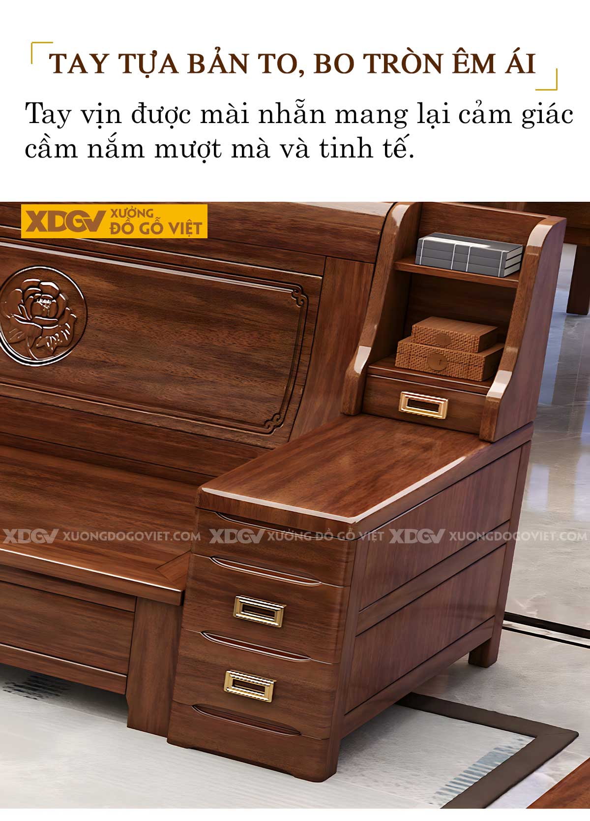 Sofa Gỗ Gõ Đỏ Tự Nhiên Dạng Hộp Chạm Khắc Họa Tiết Bông Hoa