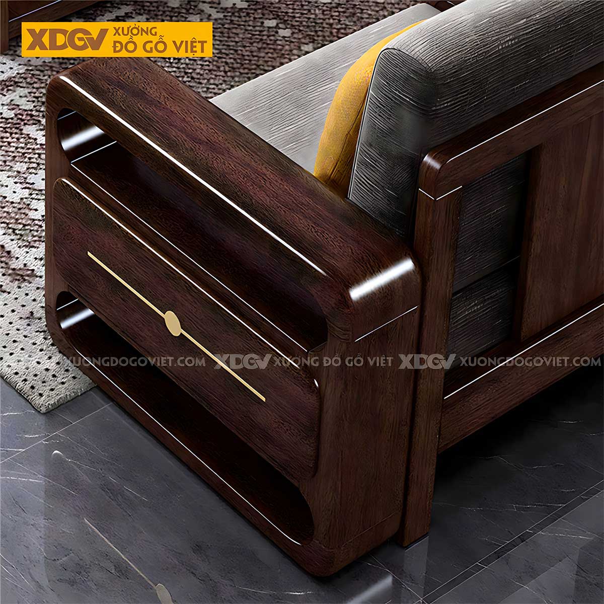 Sofa Gỗ Óc Chó Hiện Đại Á Đông Góc Cạnh Bo Tròn Mềm Mại