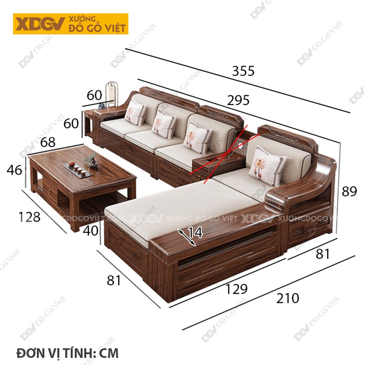Sofa Gỗ Óc Chó Kiểu Hộp Lưng Chạm Chạm Hoa Sen Tay 14cm