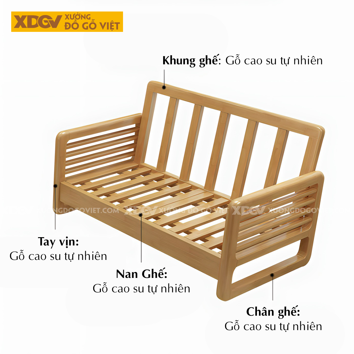 Sofa Phòng Khách Gỗ Cao Su Tay Vịn Nan Bo Tròn Góc Liền Chân