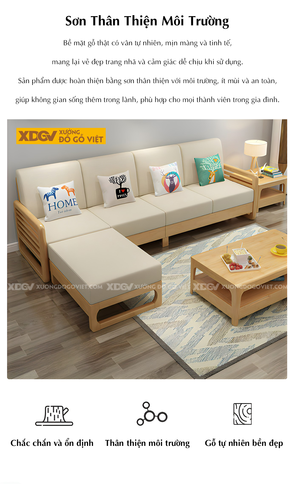 Sofa Phòng Khách Gỗ Cao Su Tay Vịn Nan Bo Tròn Góc Liền Chân