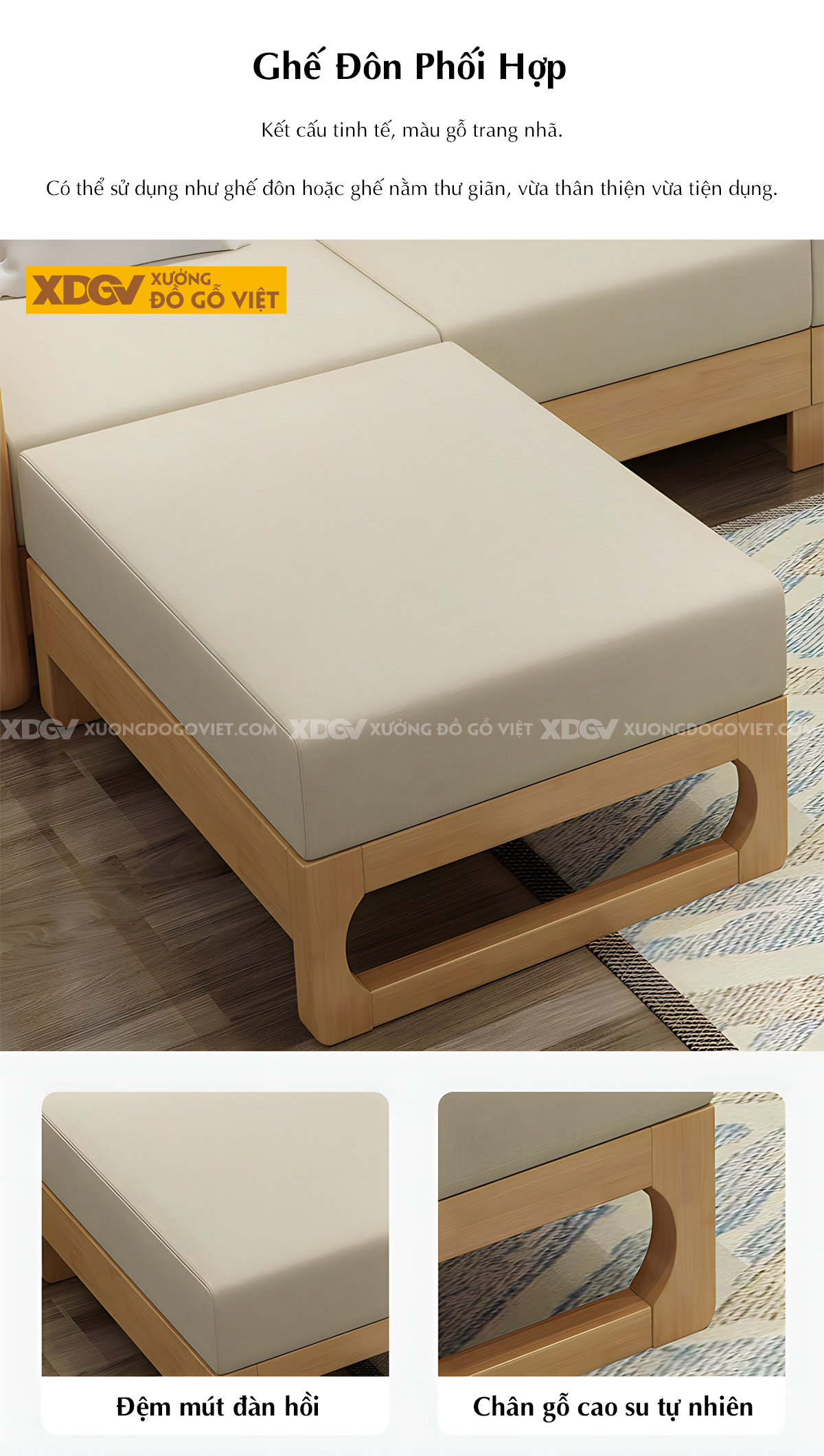 Sofa Phòng Khách Gỗ Cao Su Tay Vịn Nan Bo Tròn Góc Liền Chân