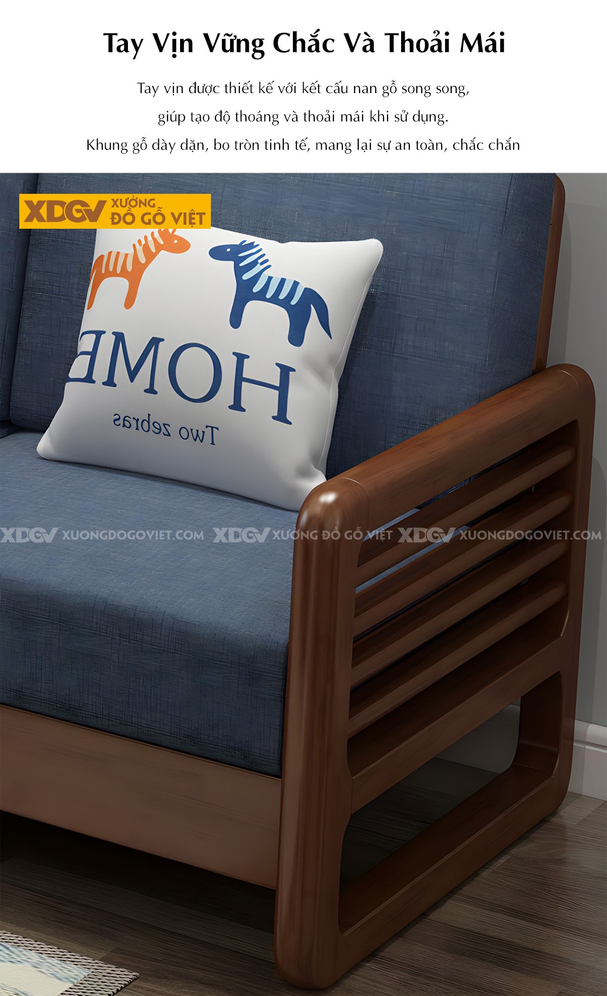 Sofa Phòng Khách Gỗ Cao Su Tay Vịn Nan Bo Tròn Góc Liền Chân