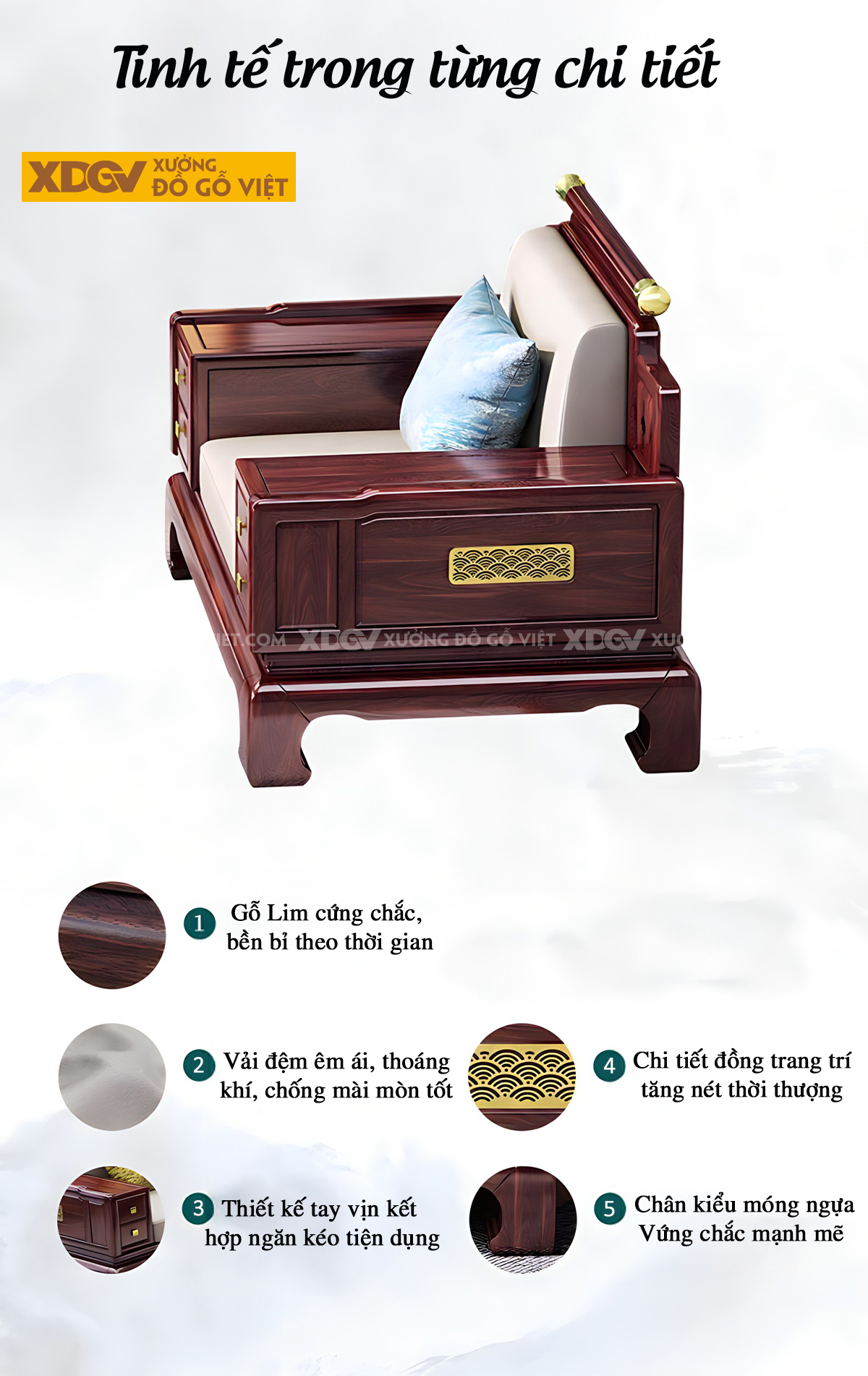Sofa Phòng Khách Gỗ Lim Á Đông Chân Cao Dáng Quỳ Sang Trọng