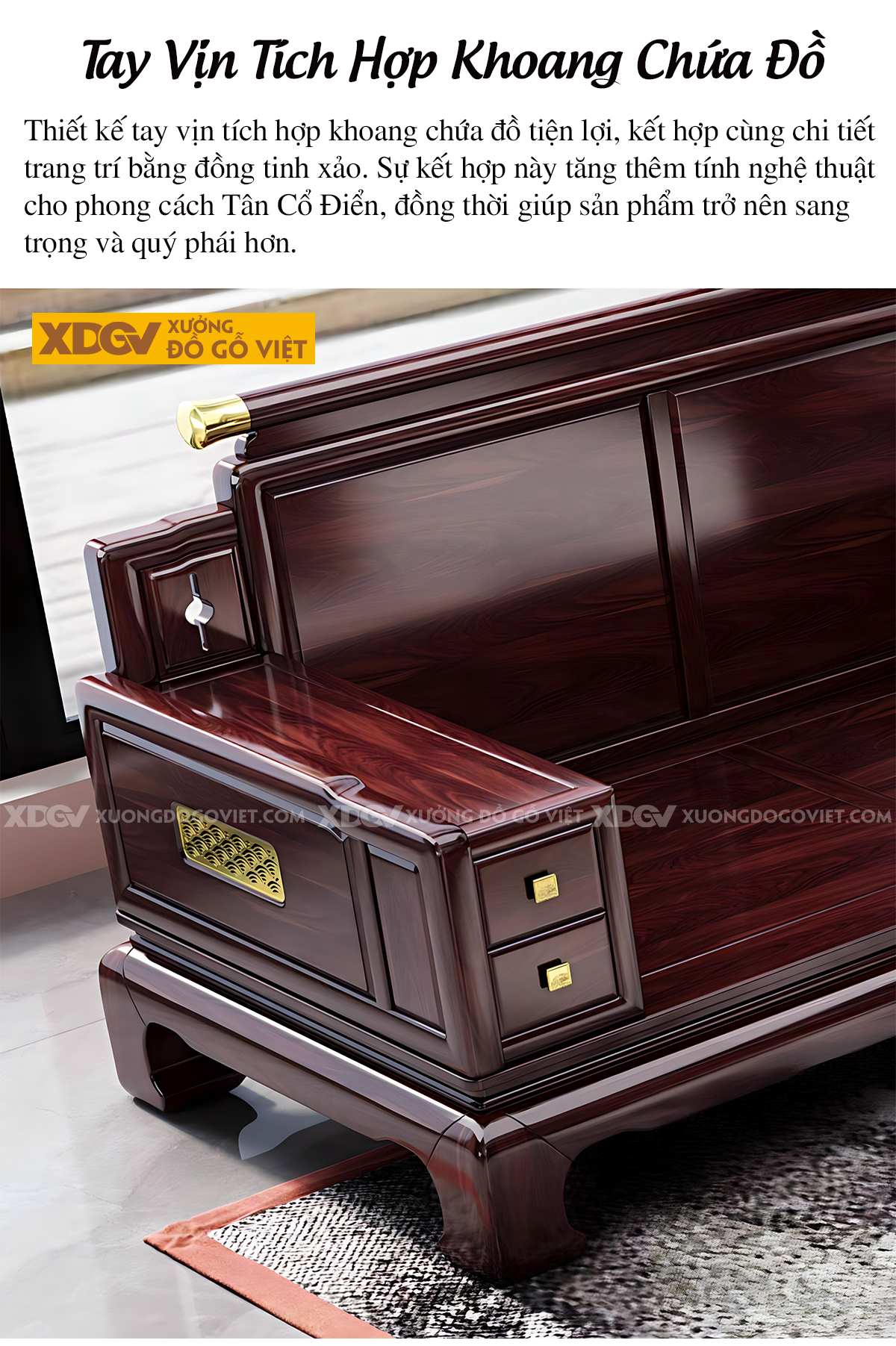 Sofa Phòng Khách Gỗ Lim Á Đông Chân Cao Dáng Quỳ Sang Trọng