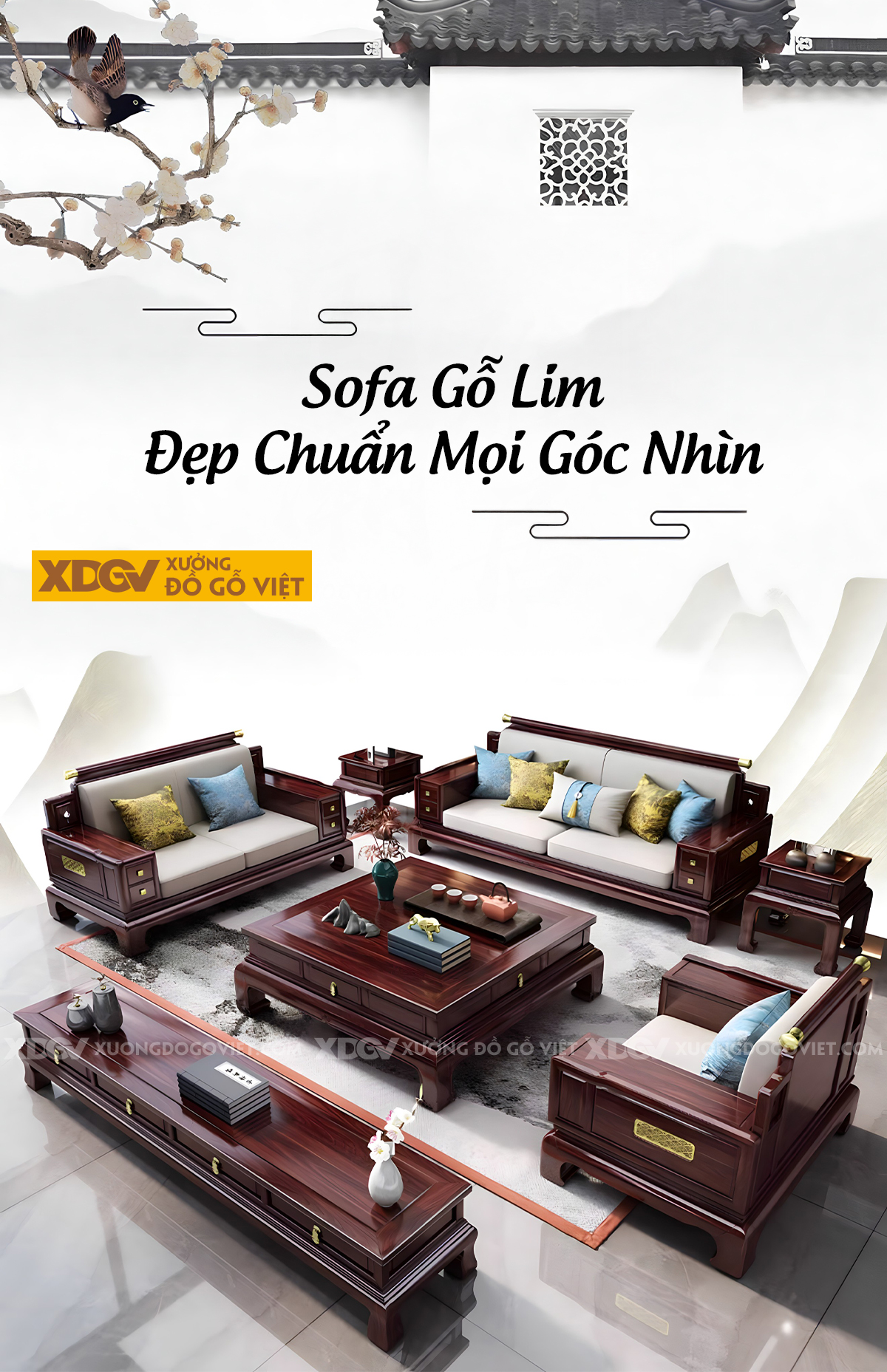 Sofa Phòng Khách Gỗ Lim Á Đông Chân Cao Dáng Quỳ Sang Trọng