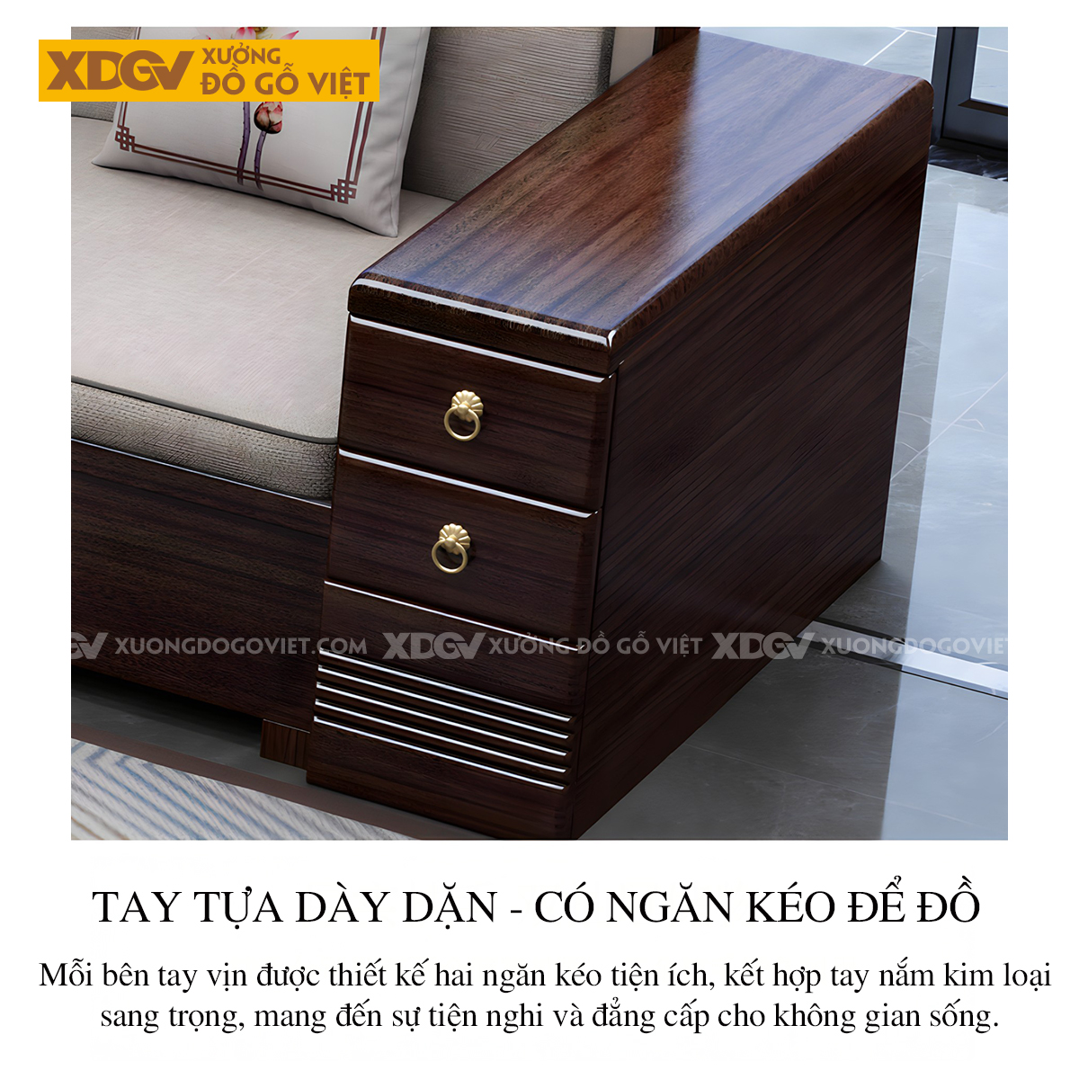 Sofa Phòng Khách Gỗ Lim Á Đông Tay Tựa Tích Hợp Ngăn Kéo