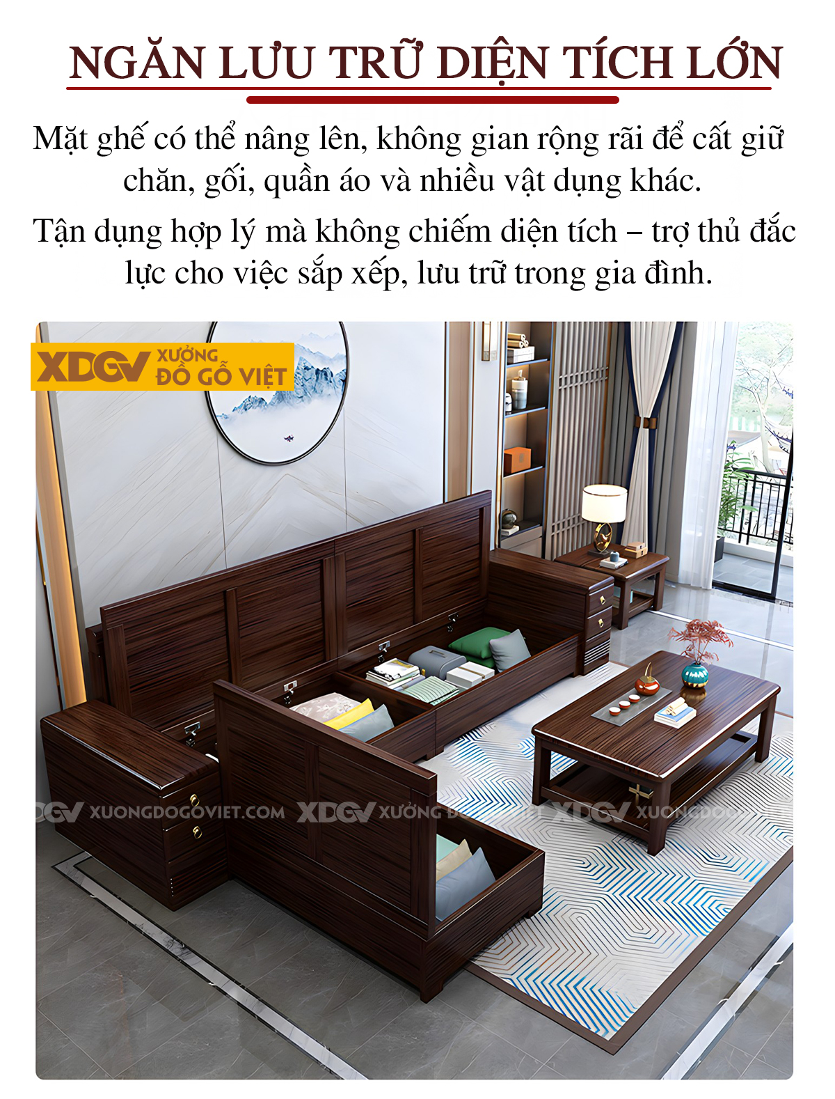 Sofa Phòng Khách Gỗ Lim Á Đông Tay Tựa Tích Hợp Ngăn Kéo