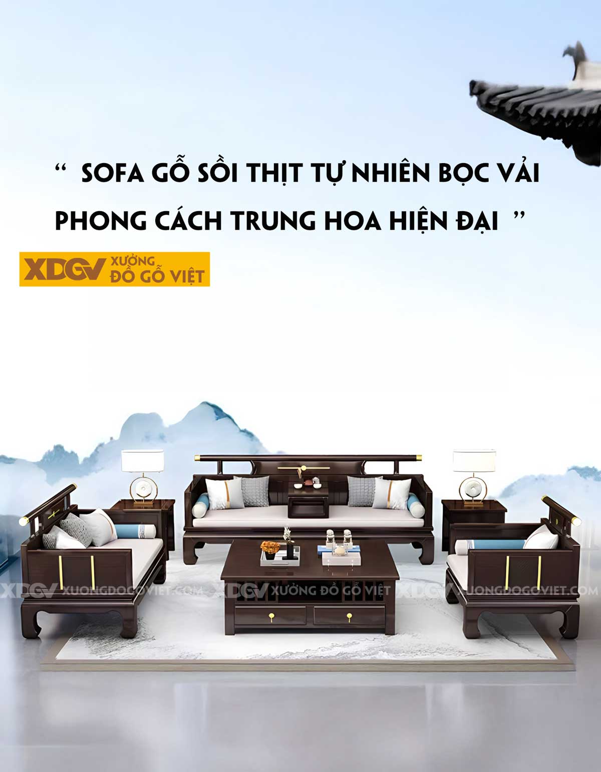 Sofa Phòng Khách Gỗ Sồi Tân Trung Hoa Sang Trọng Quyền Thế