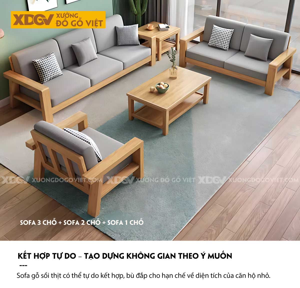 Sofa Phòng Khách Gỗ Sồi Thịt Tựa Thanh Nan Bọc Nệm Cao Cấp