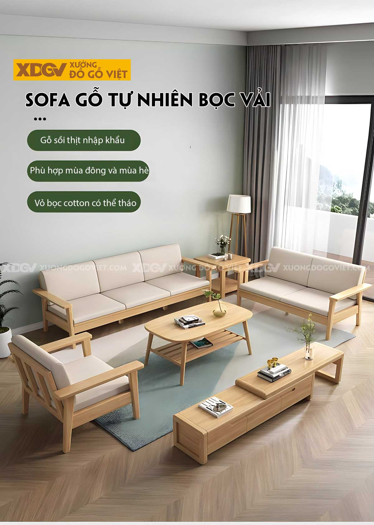 Sofa Phòng Khách Gỗ Sồi Thịt Tựa Thanh Nan Bọc Nệm Cao Cấp
