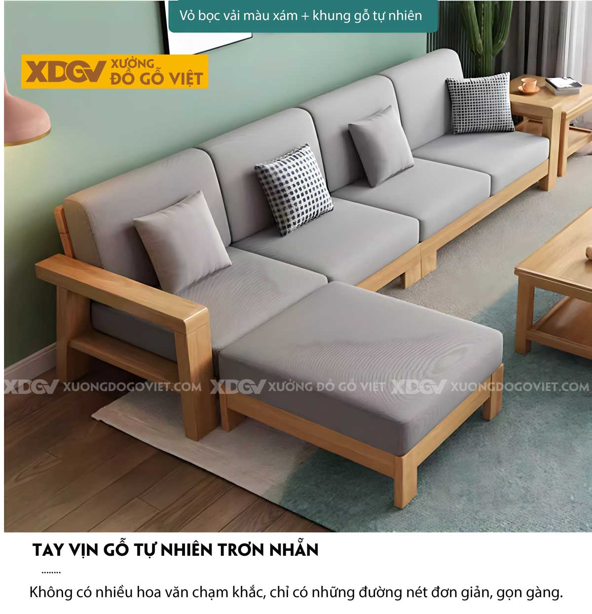 Sofa Phòng Khách Gỗ Sồi Thịt Tựa Thanh Nan Bọc Nệm Cao Cấp