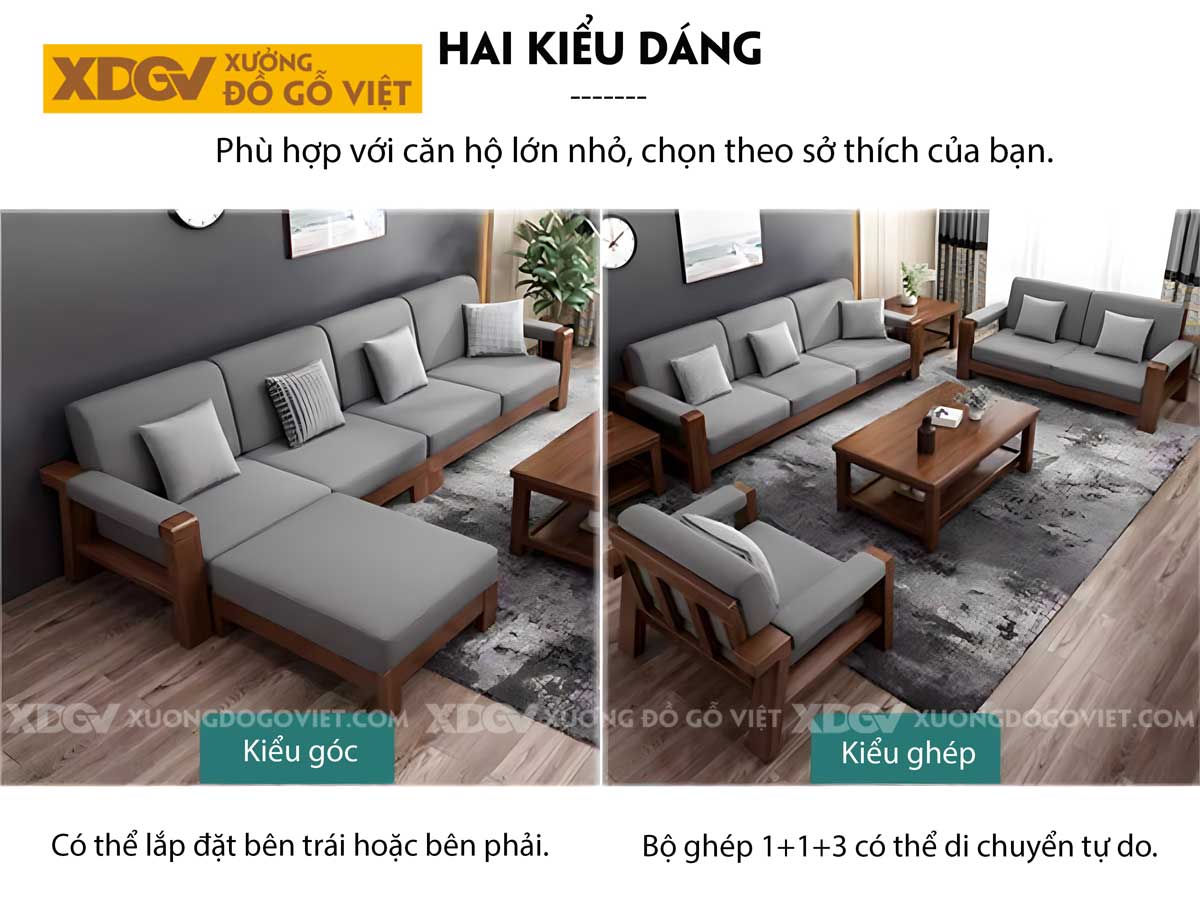 Sofa Phòng Khách Gỗ Sồi Thịt Tựa Thanh Nan Bọc Nệm Cao Cấp