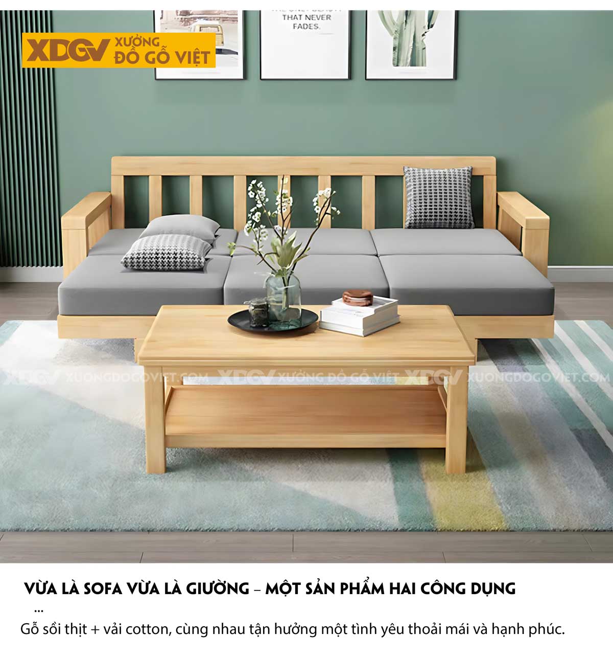 Sofa Phòng Khách Gỗ Sồi Thịt Tựa Thanh Nan Bọc Nệm Cao Cấp