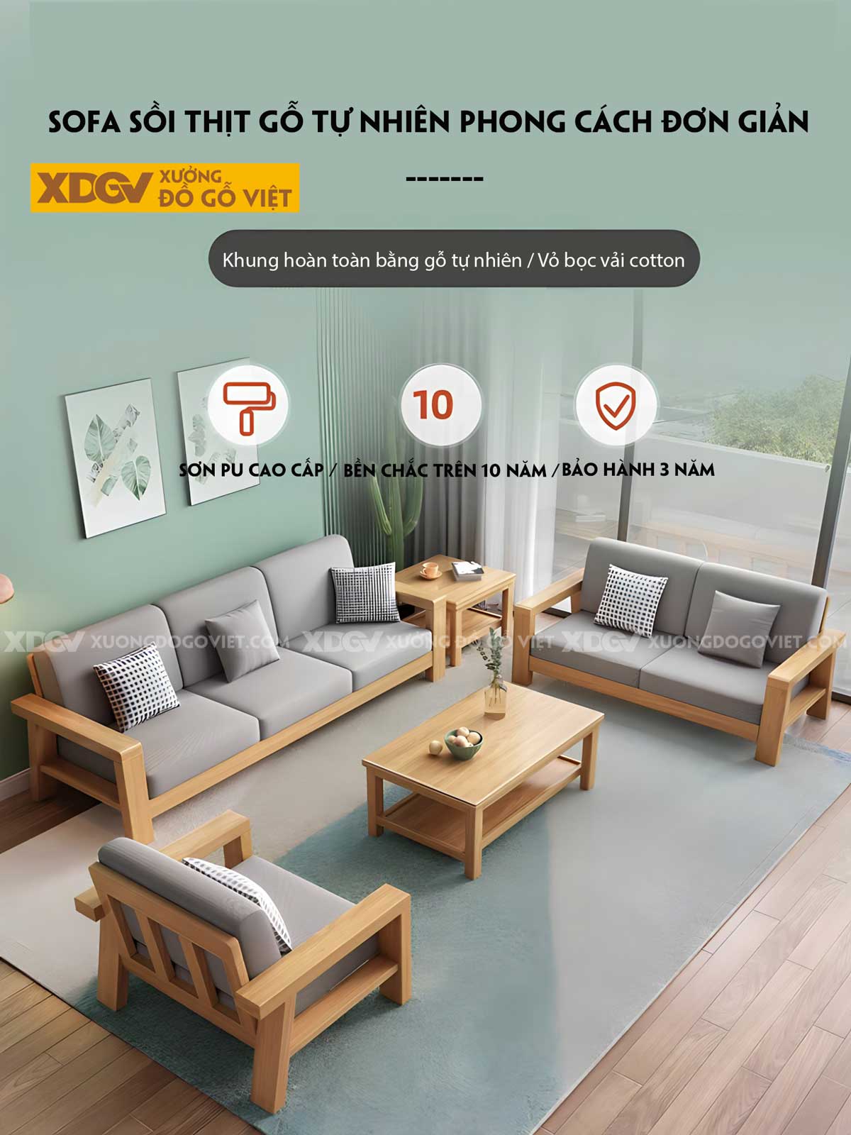 Sofa Phòng Khách Gỗ Sồi Thịt Tựa Thanh Nan Bọc Nệm Cao Cấp