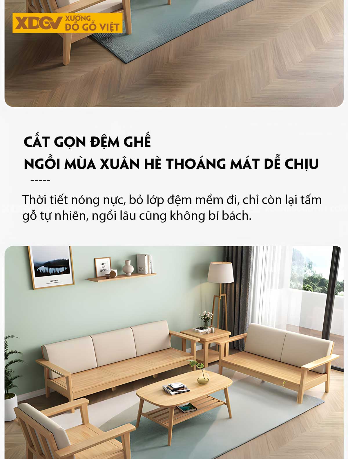 Sofa Phòng Khách Gỗ Sồi Thịt Tựa Thanh Nan Bọc Vải Cao Cấp