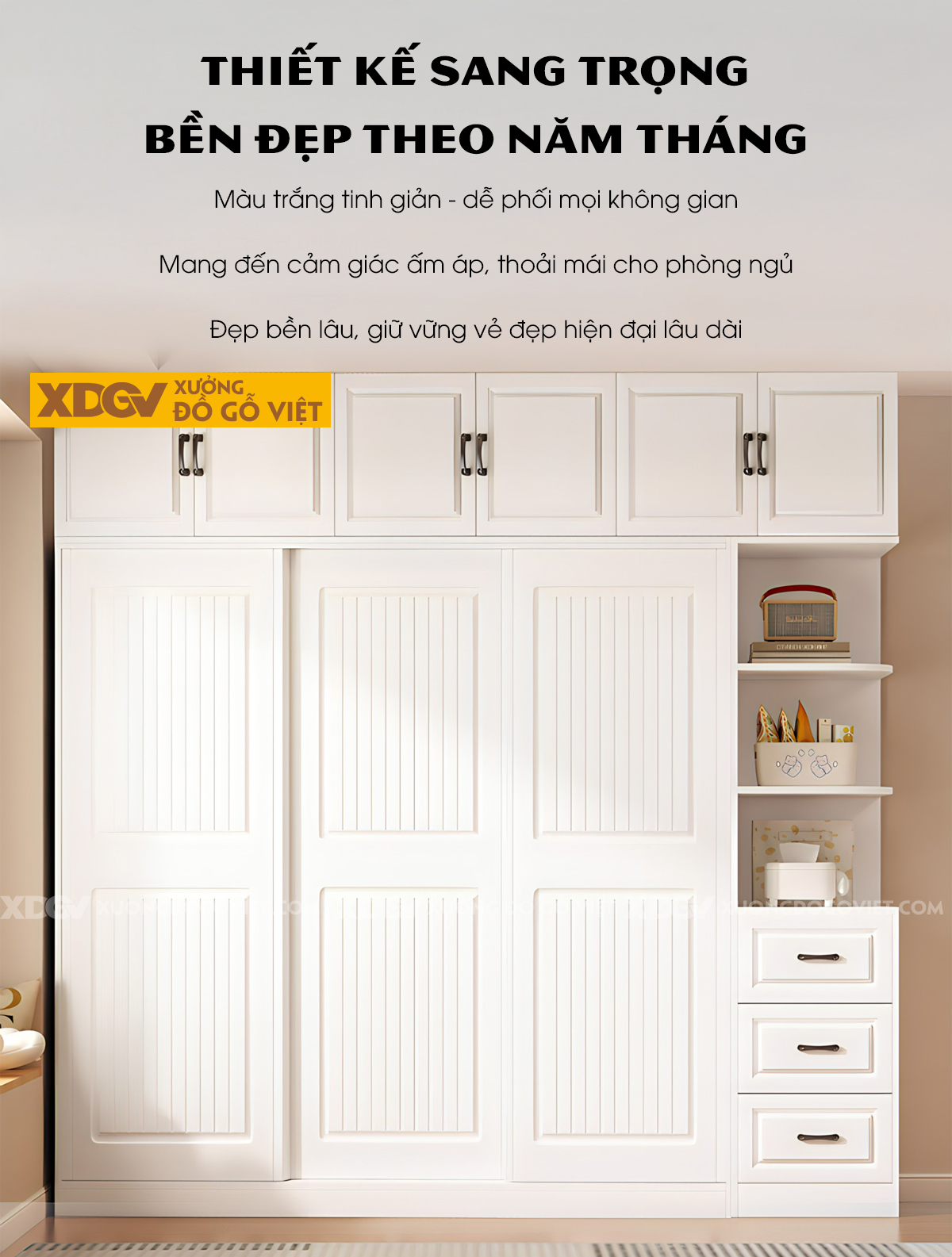 Tủ Áo Cao Su Trắng Cửa Lùa Kết Hợp Bàn Trang Điểm Tiện Lợi
