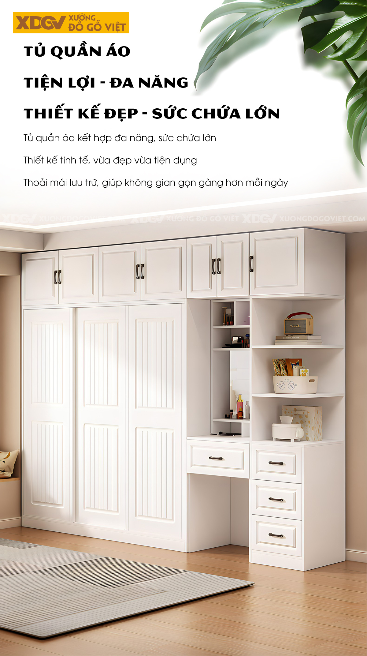 Tủ Áo Cao Su Trắng Cửa Lùa Kết Hợp Bàn Trang Điểm Tiện Lợi