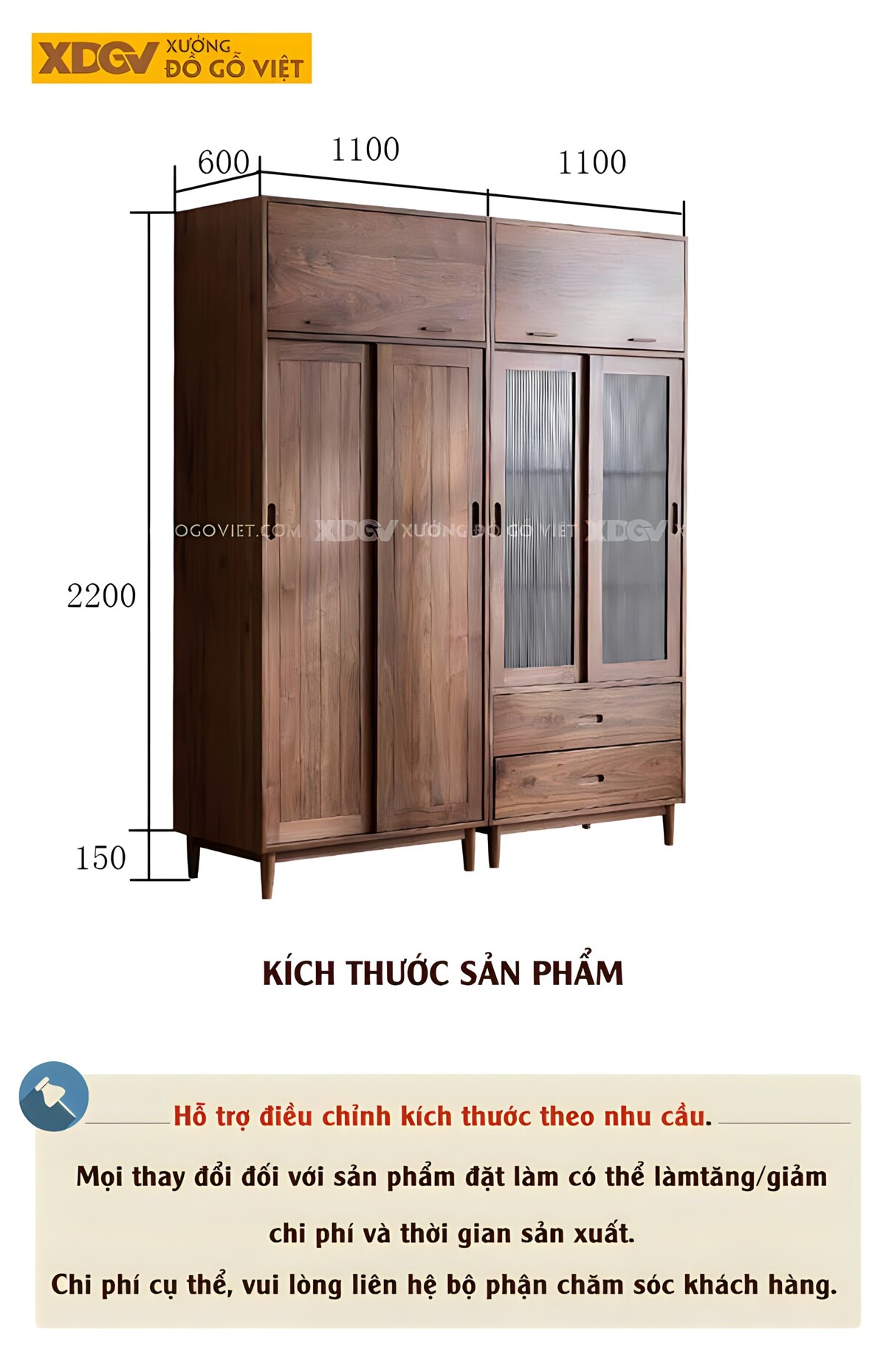 Tủ Áo Đôi Óc Chó Cánh Trượt Tích Hợp Ngăn Trên Tiện Lợi