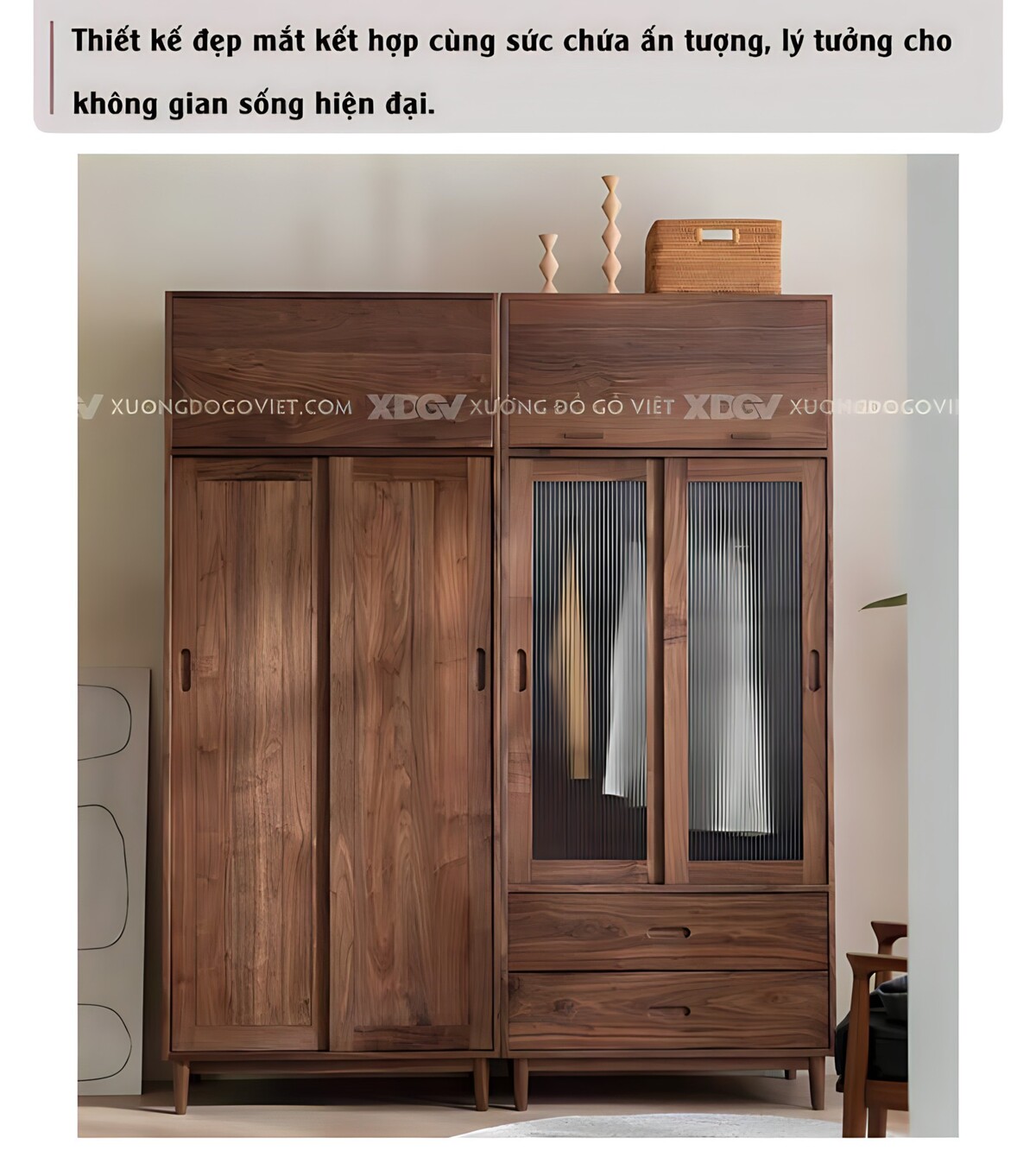 Tủ Áo Đôi Óc Chó Cánh Trượt Tích Hợp Ngăn Trên Tiện Lợi
