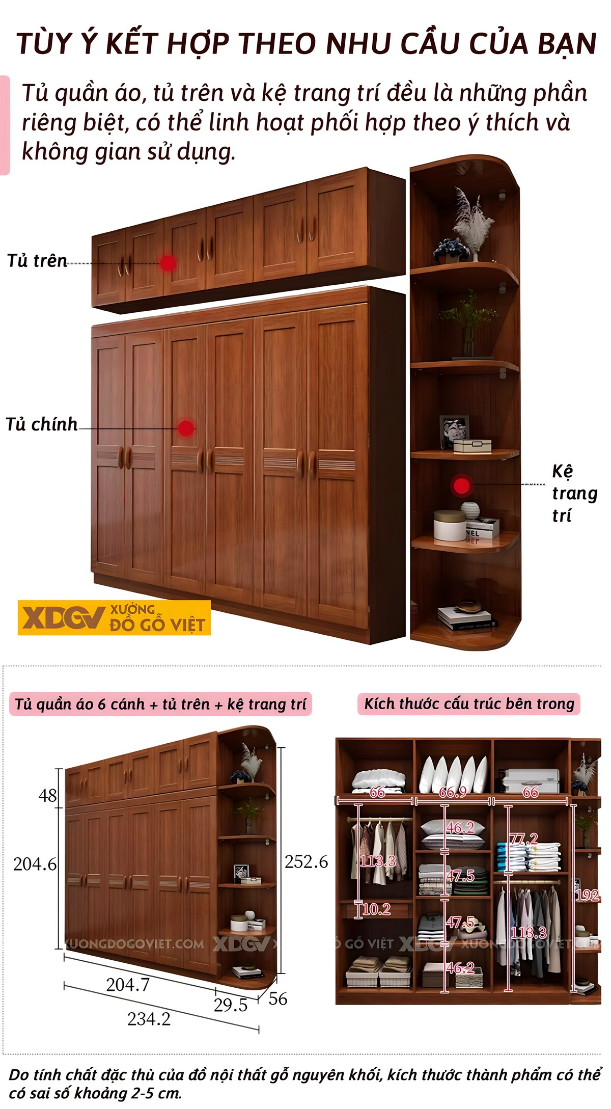 Tủ Áo Gỗ Gõ Đỏ Vuông Vức Kịch Trần Kệ Trang Trí Bo Góc Đẹp