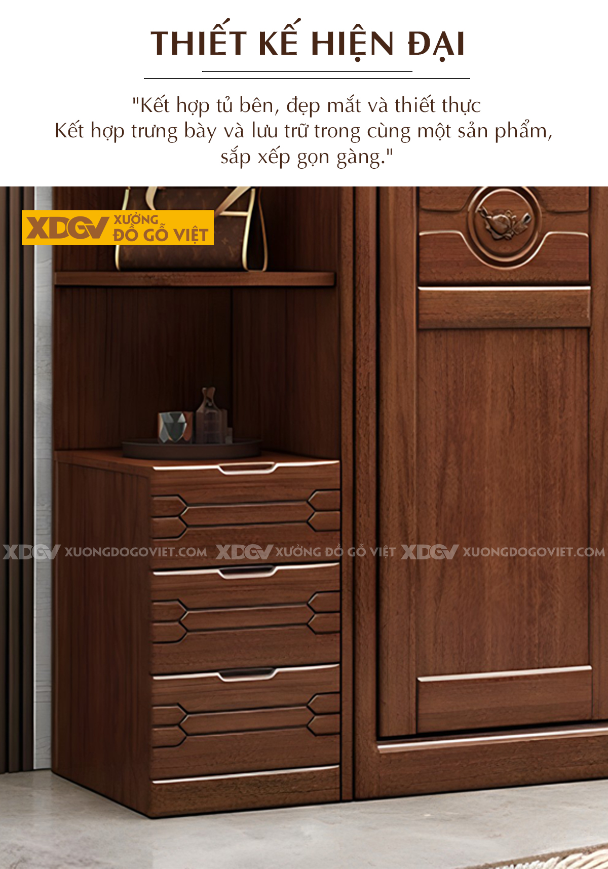 Tủ Áo Gỗ Lim Cổ Điển Họa Tiết Nghệ Thuật Có Kệ Bên