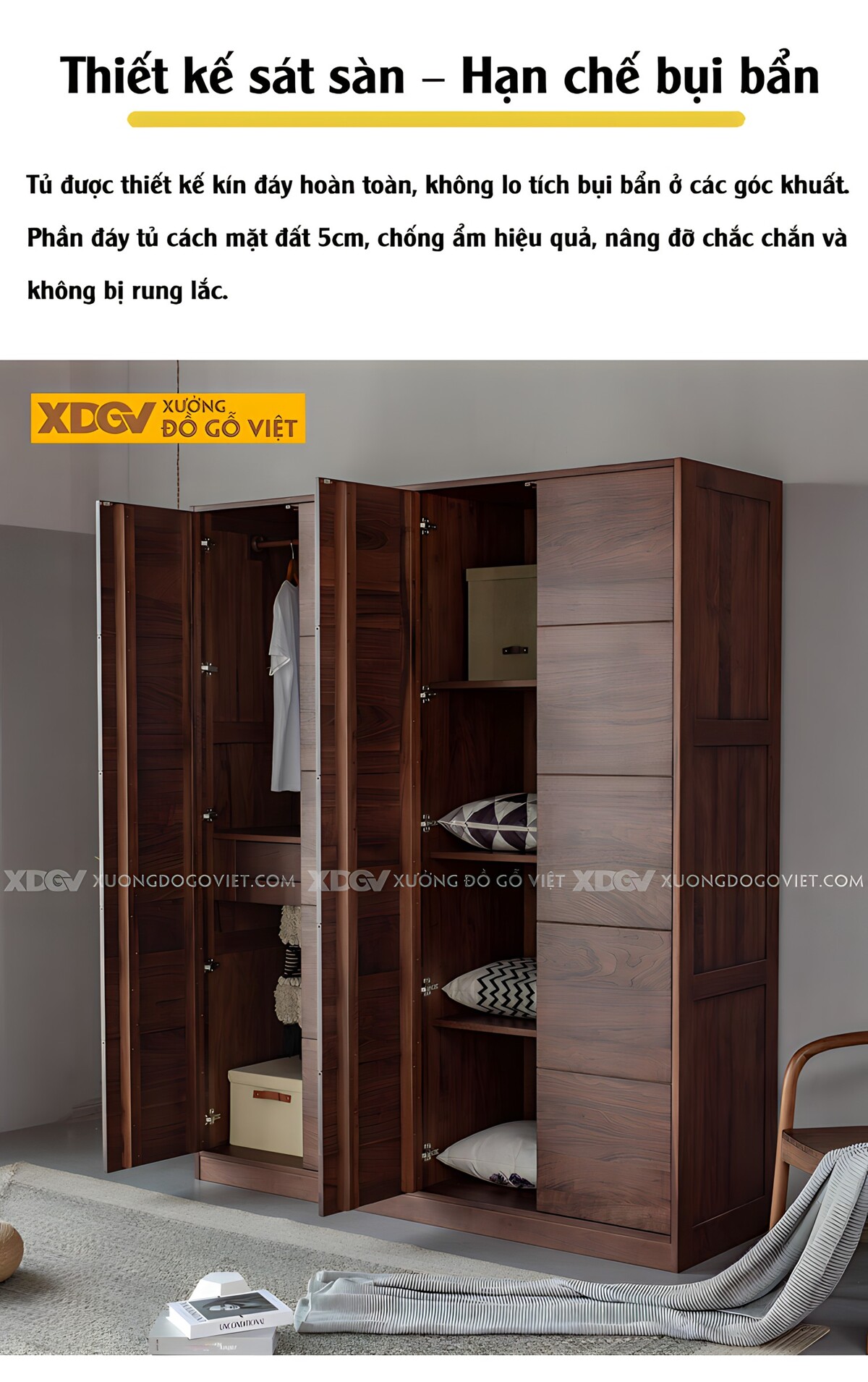 Tủ Áo Gỗ Óc Chó Hiện Đại Thiết Kế Cánh Dạng Lưới Liền Mạch